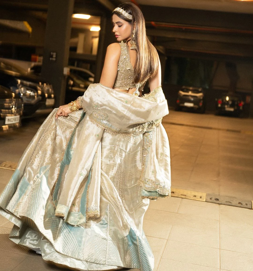 Aamna Sharif in our Pearl gold silk zari tissue lehnga set - Image 6