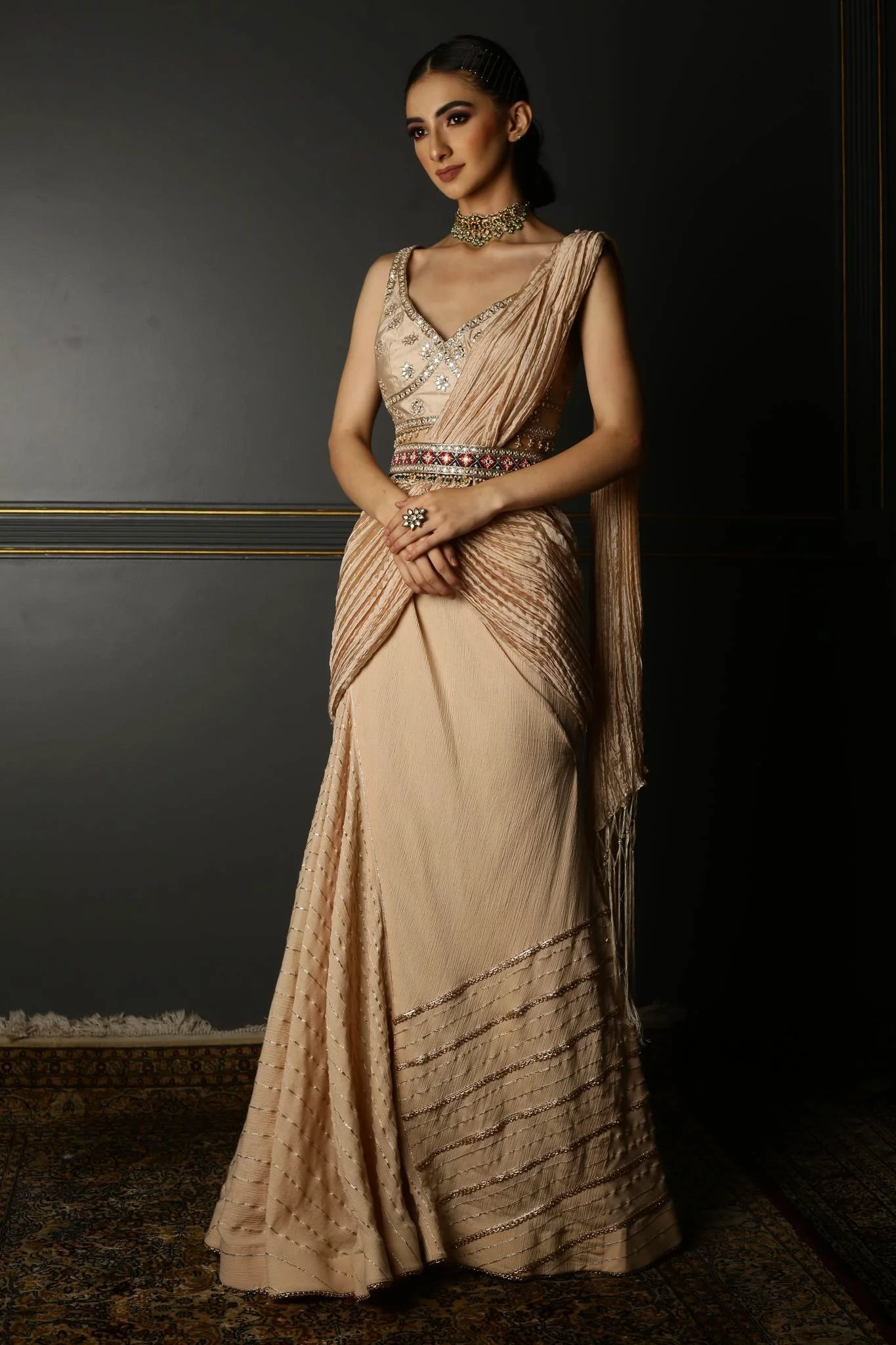 Sunny Leone in BEIGE HAND-EMBROIDERED GEORGETTE DRAPED SAREE - Image 4