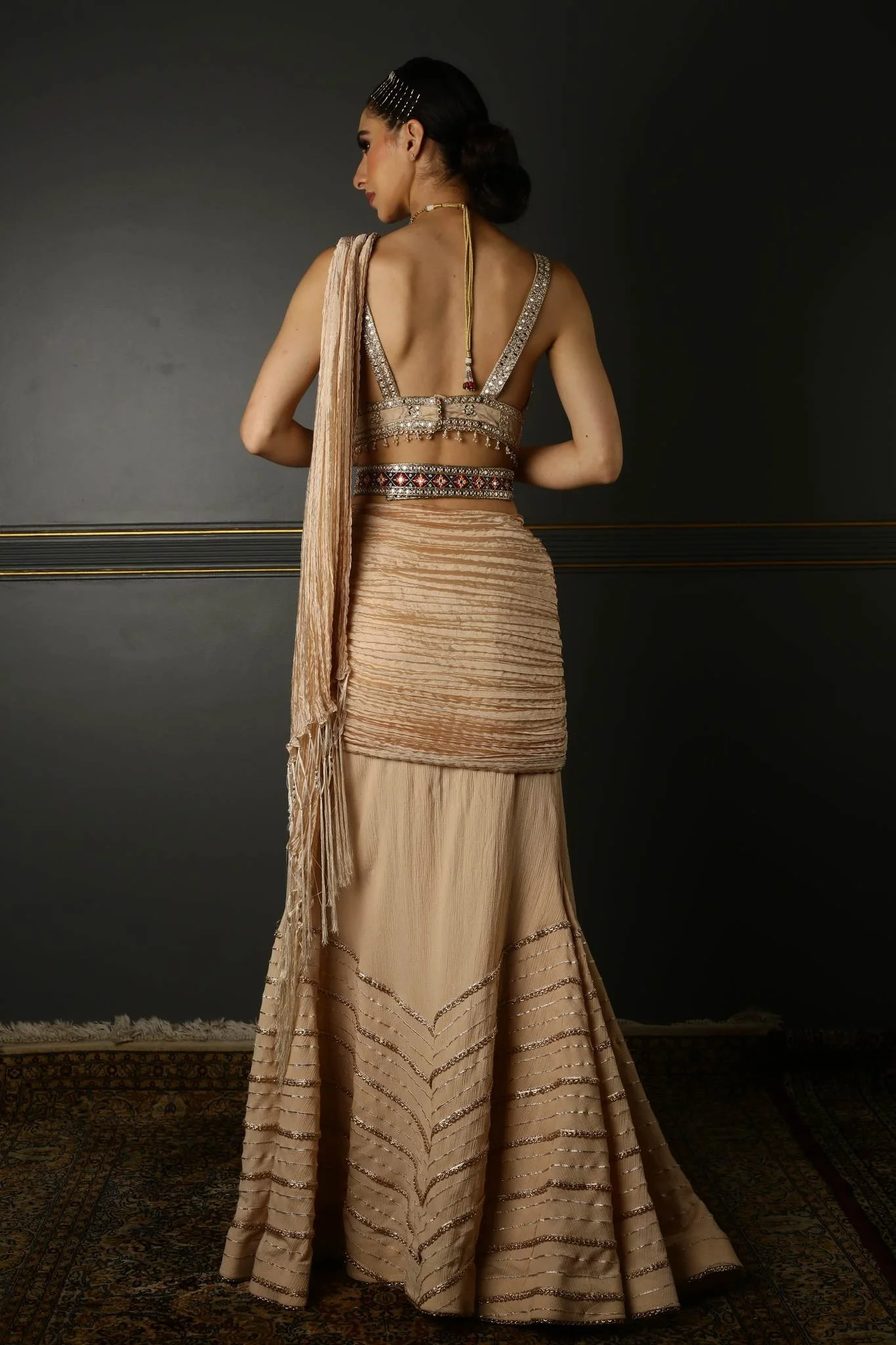 Beige Hand-Embroidered Georgette Draped Saree - Image 3