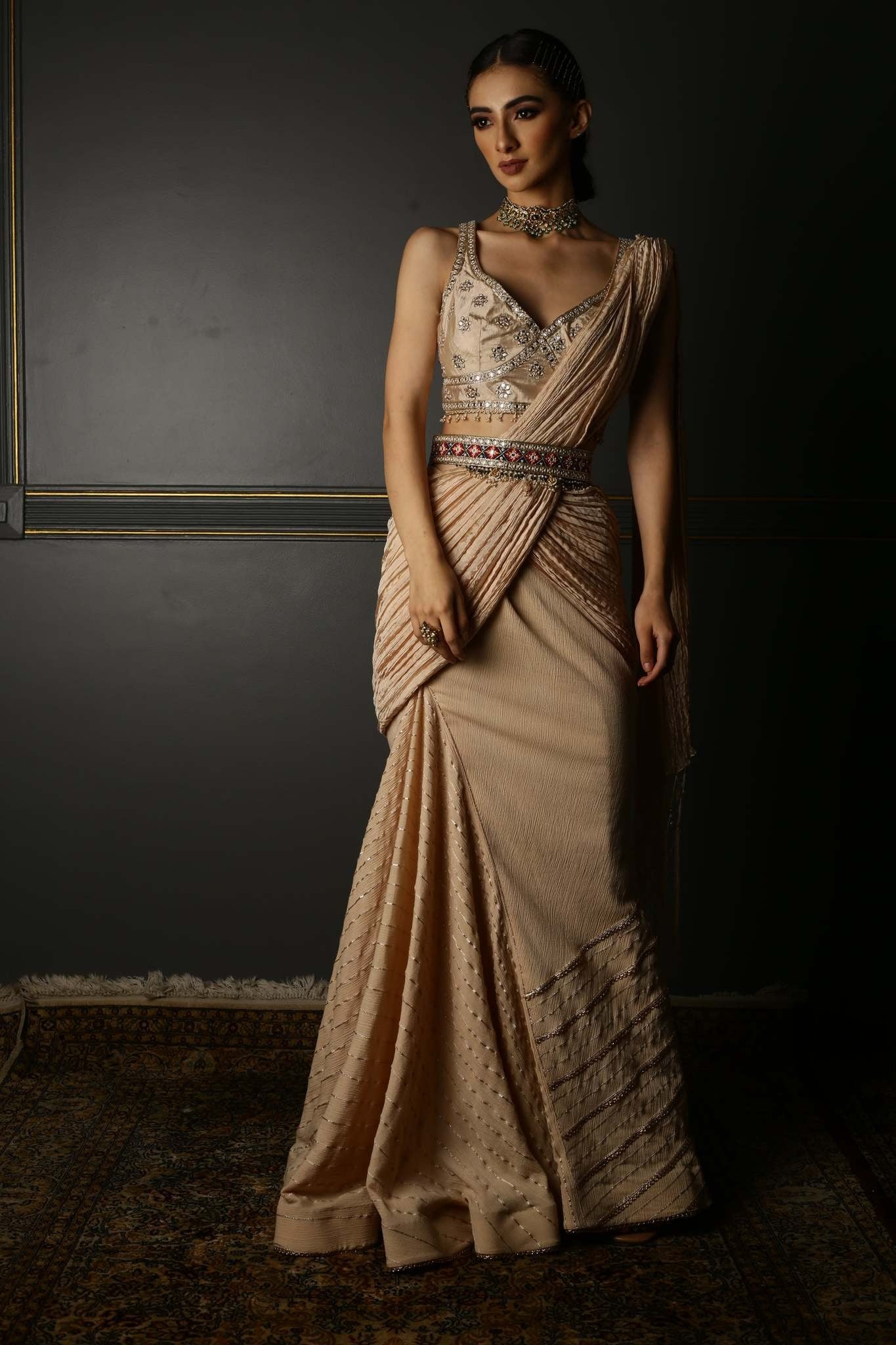 Beige Hand-Embroidered Georgette Draped Saree - Image 5