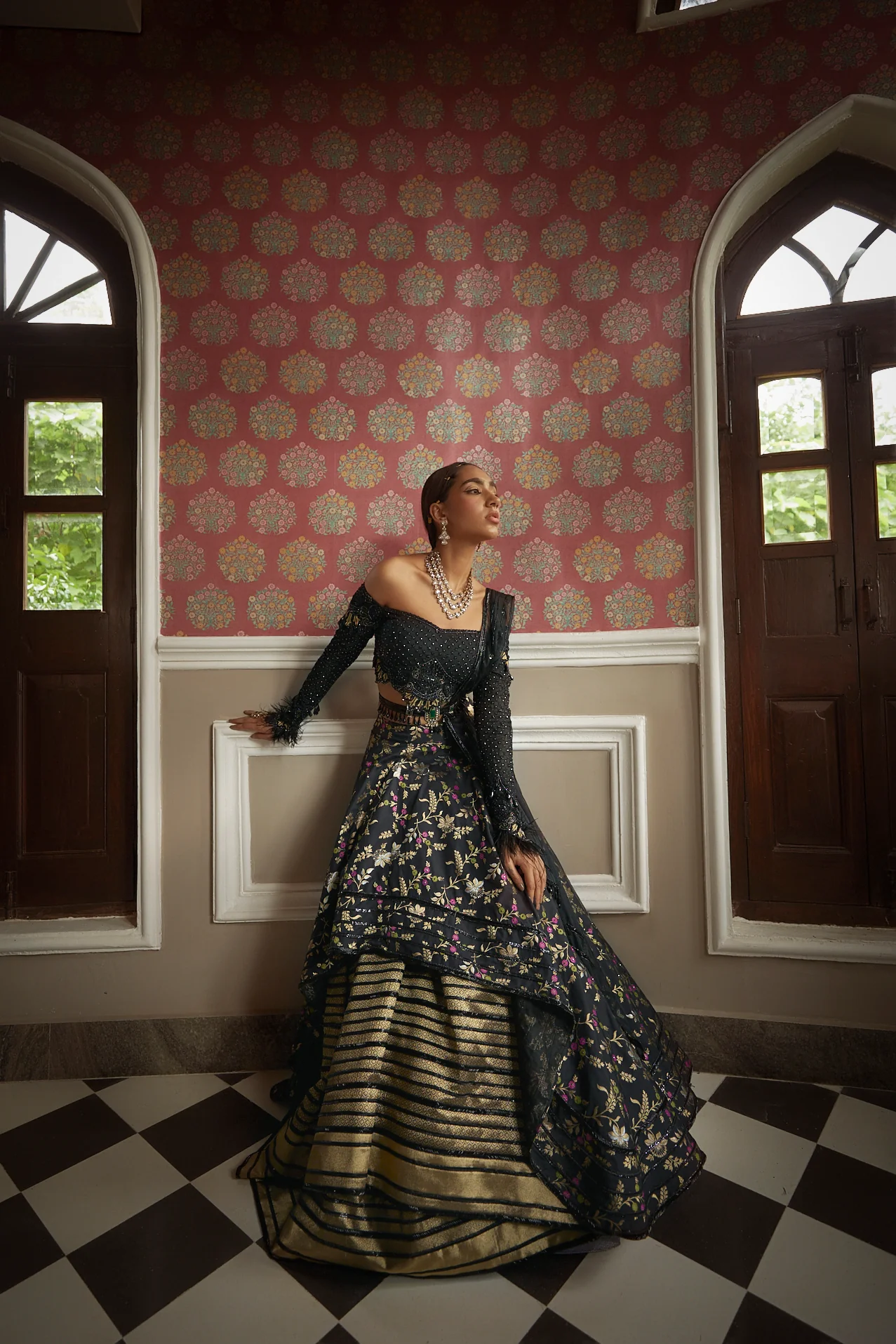 Black Floral Silk Lehenga - Image 10