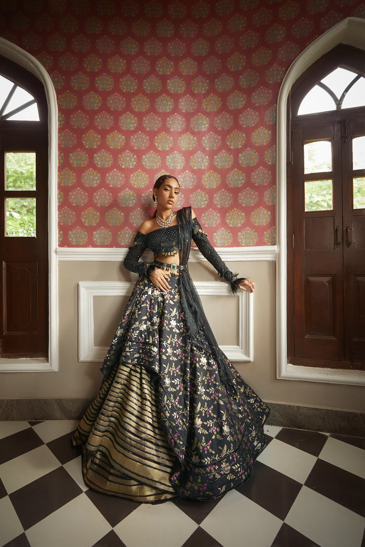 Black Floral Silk Lehenga - Image 3