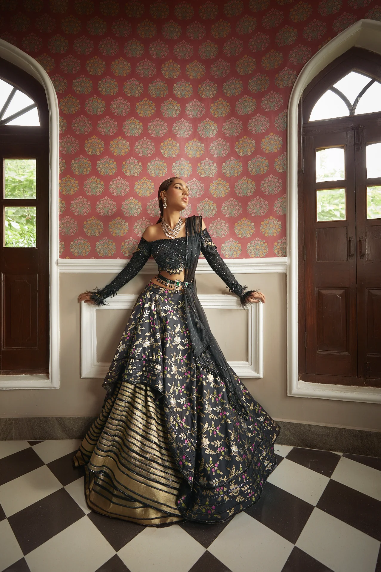 Black Floral Silk Lehenga - Image 4