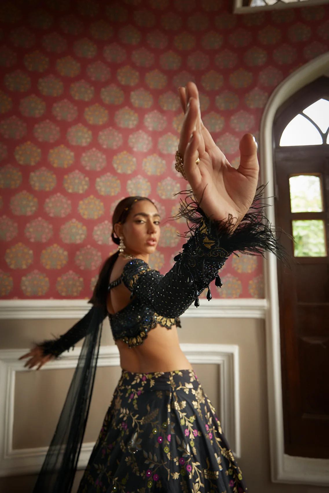 Black Floral Silk Lehenga - Image 5