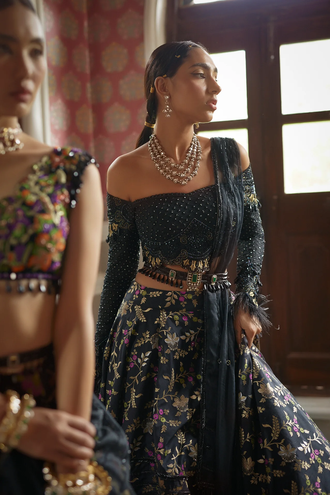 Black Floral Silk Lehenga - Image 7