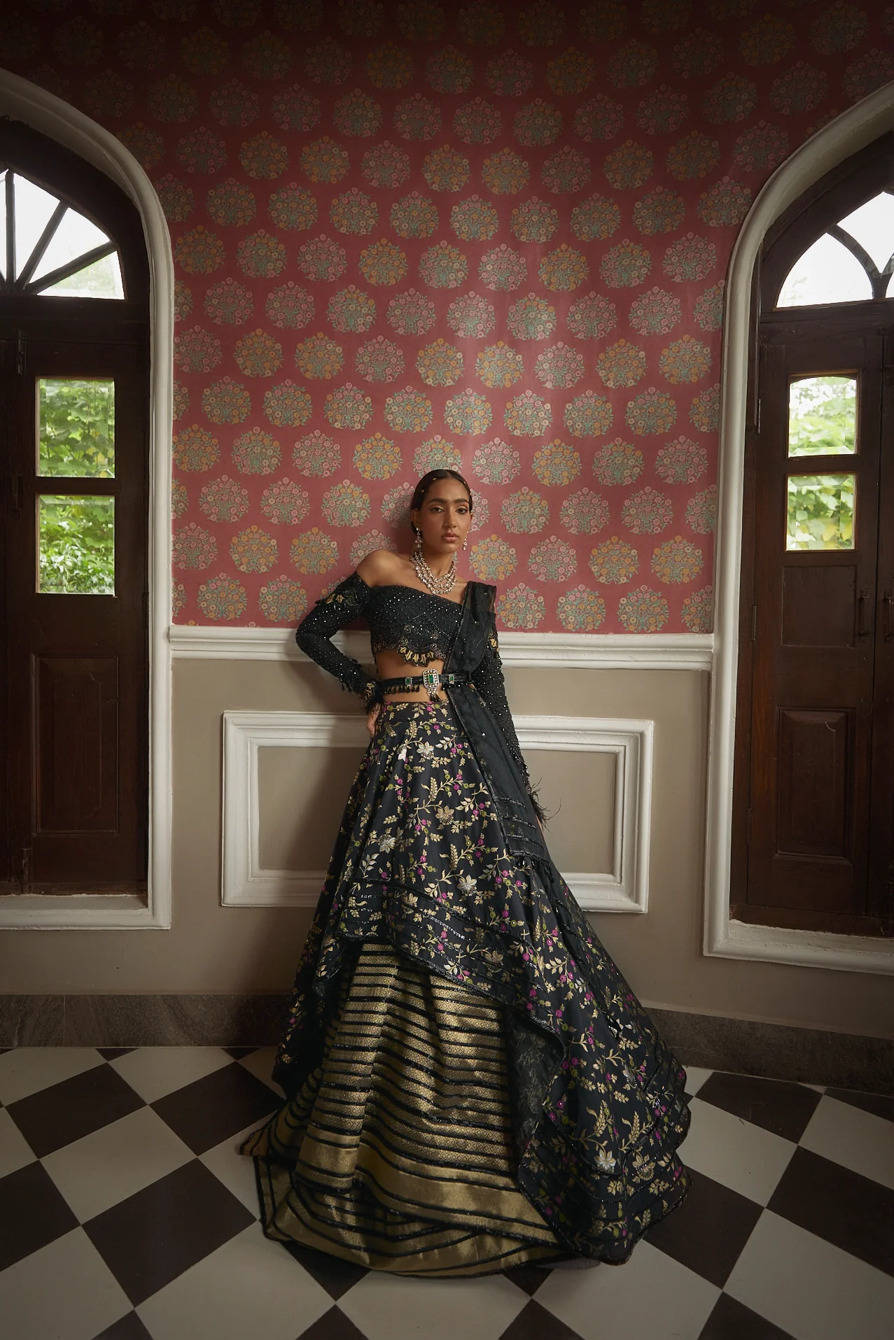 Black Floral Silk Lehenga - Image 9