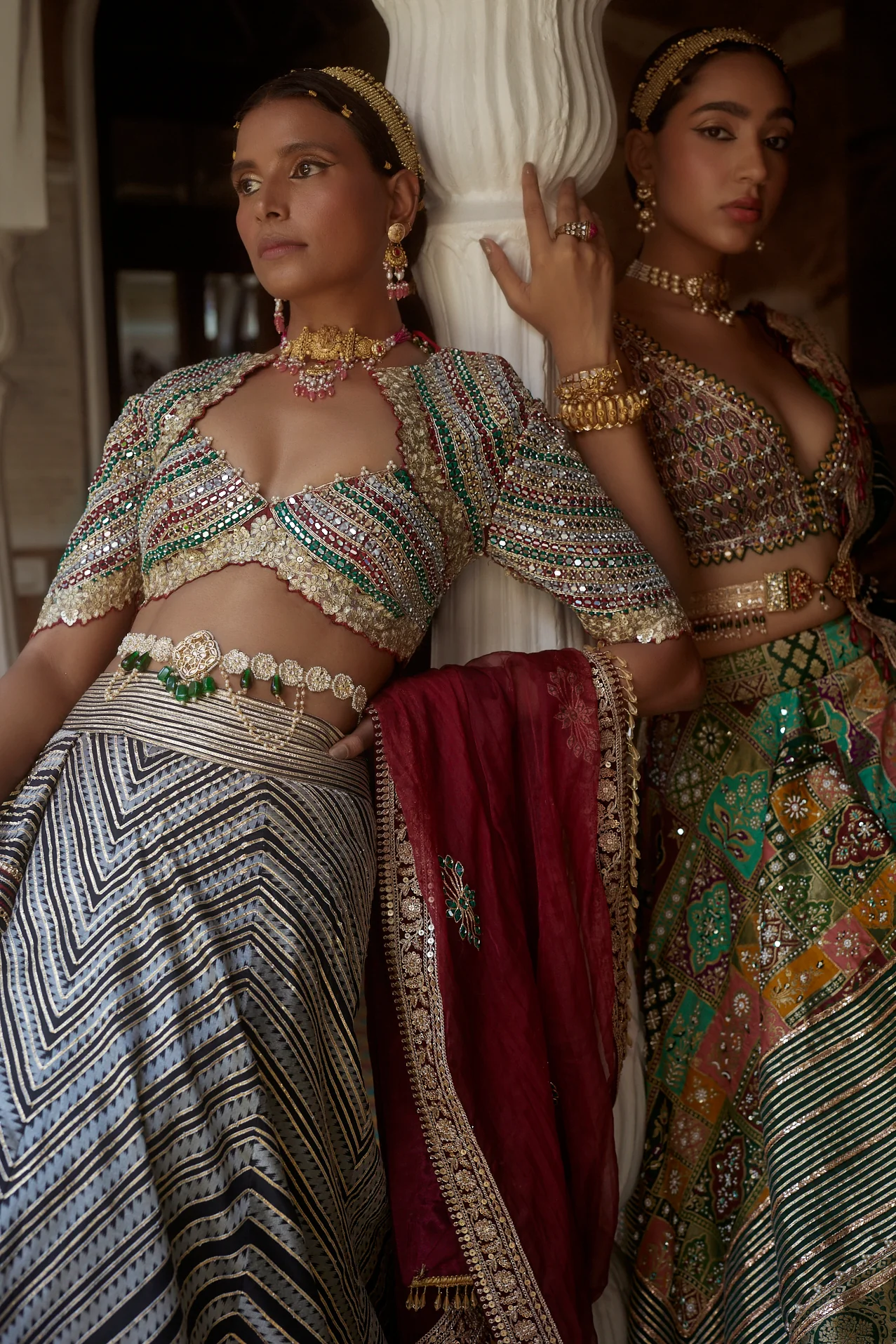 Black & White Abstract Chevron Patola Woven Silk Lehenga - Image 6