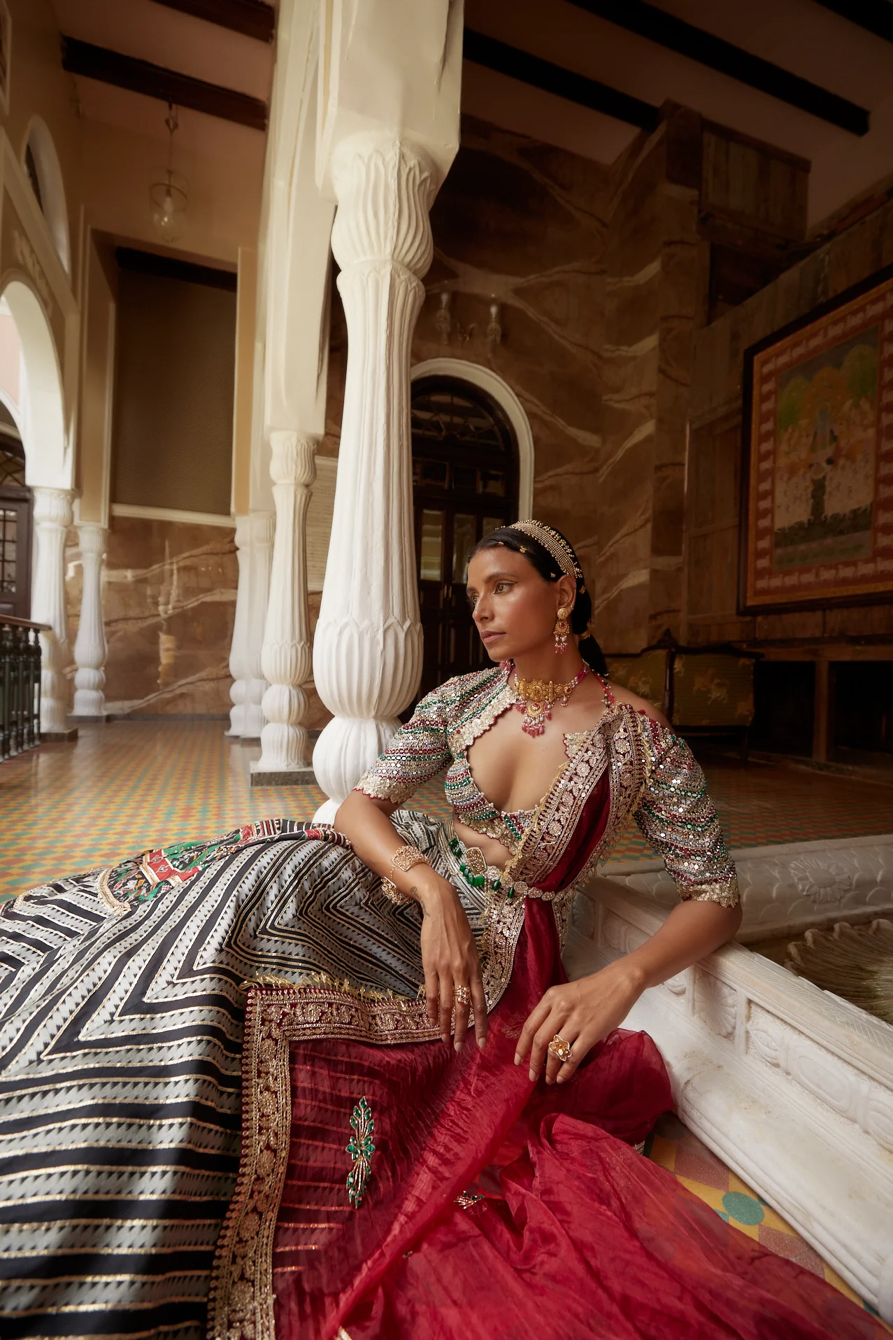 Black & White Abstract Chevron Patola Woven Silk Lehenga - Image 8