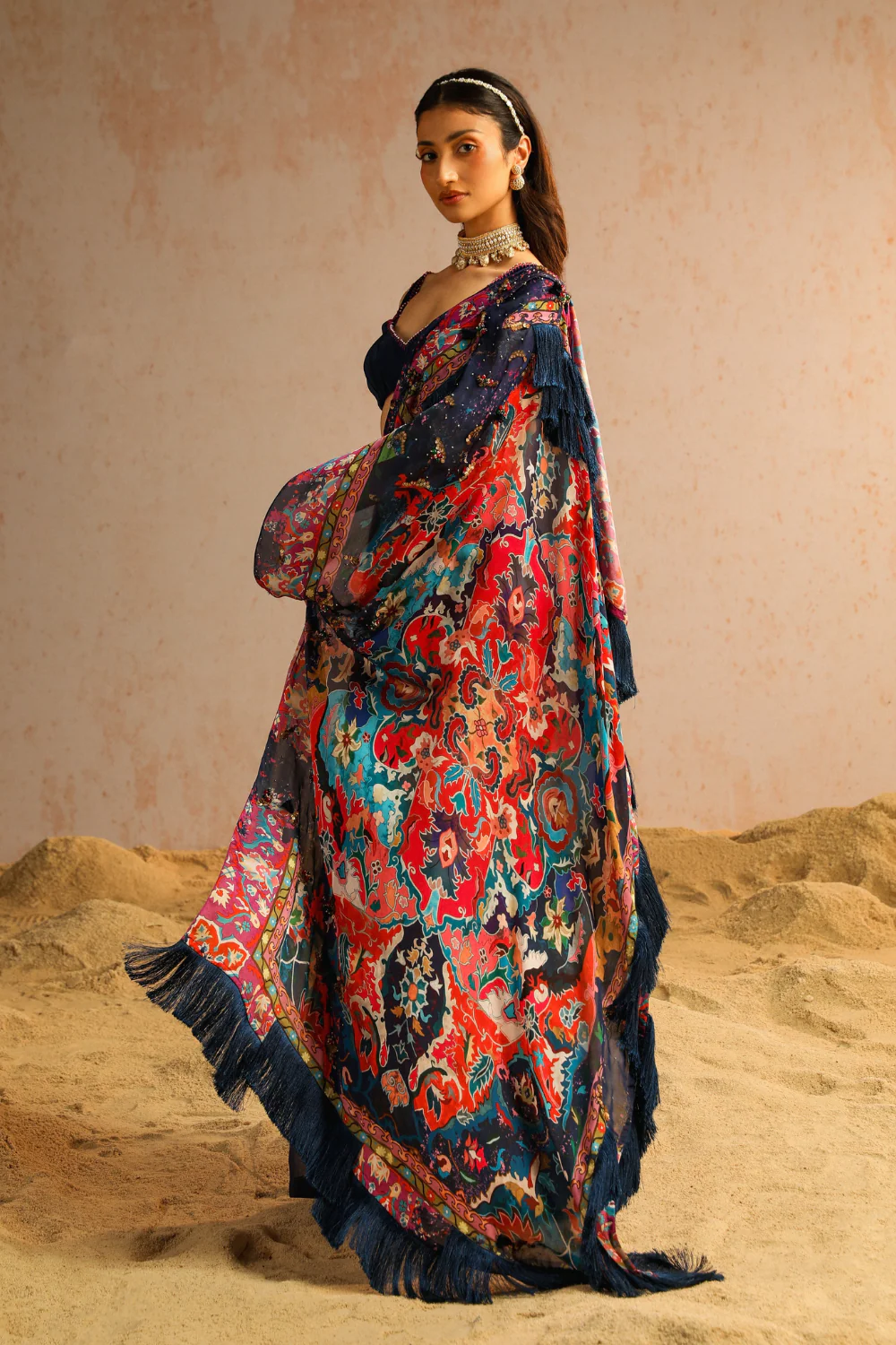 Blue draped saree with blouse - Image 3