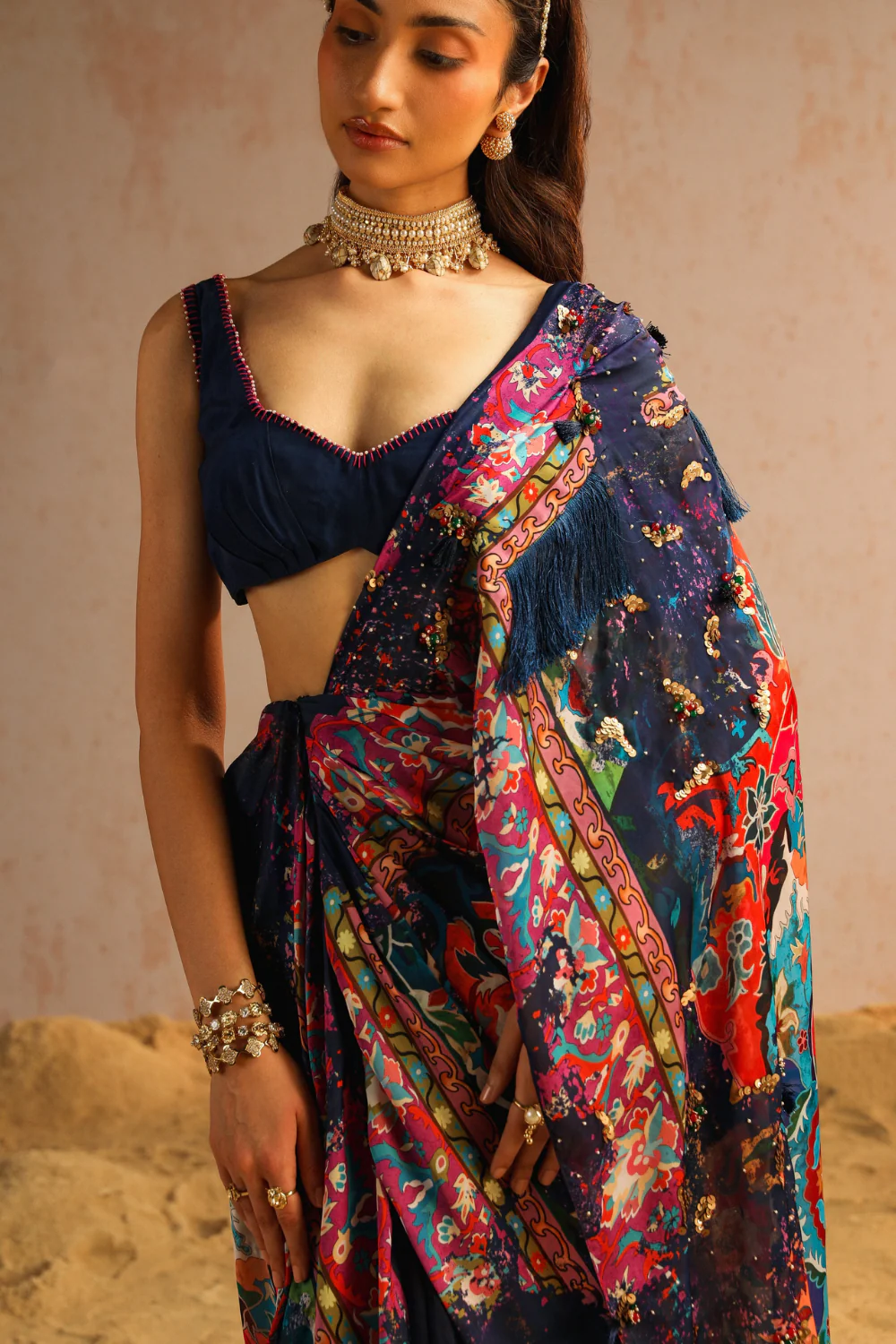 Blue draped saree with blouse - Image 4
