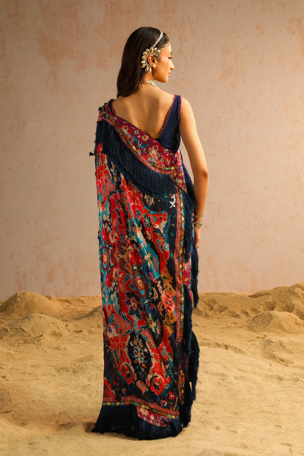 Blue draped saree with blouse - Image 5