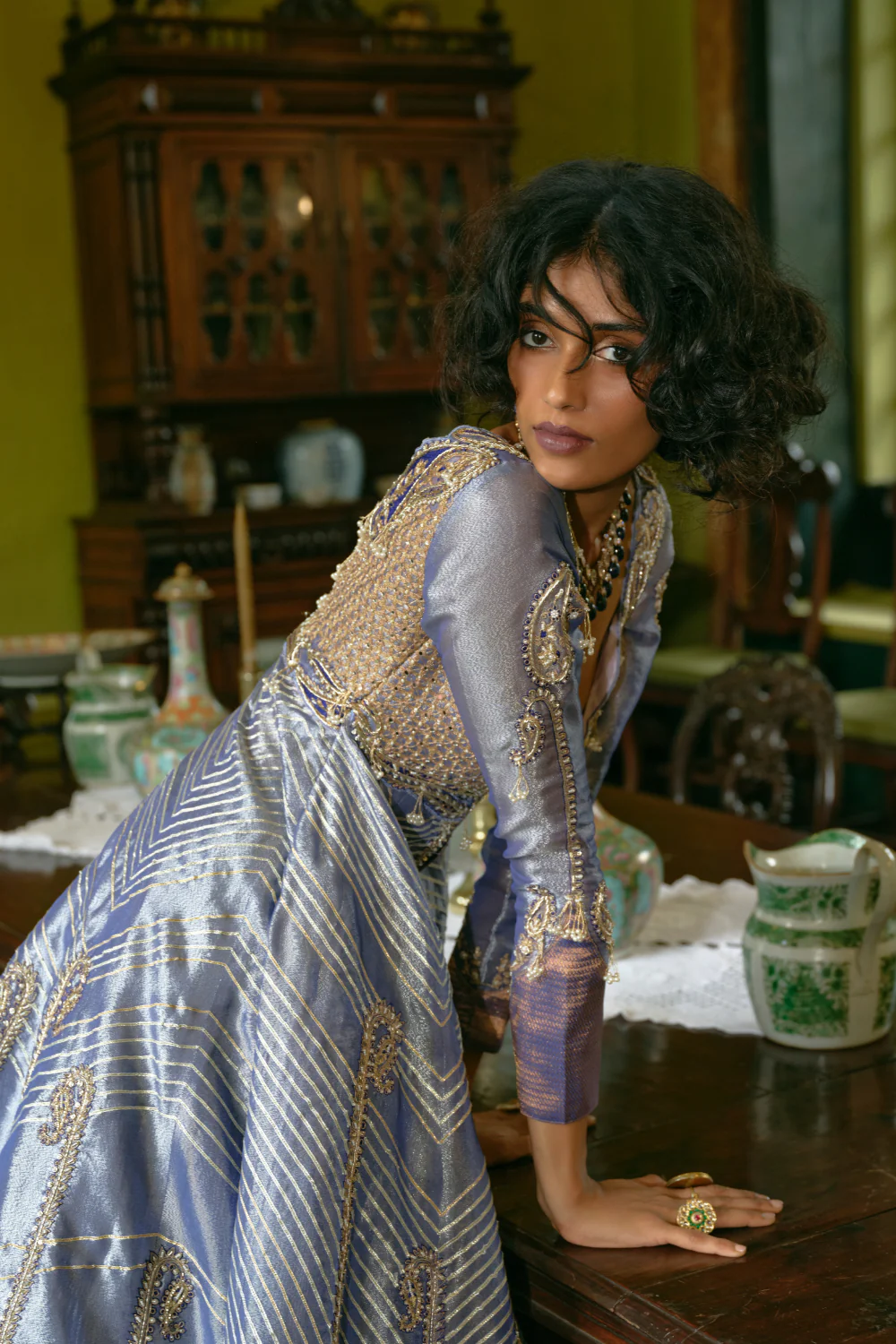 Blue silk zari tissue jacket with skirt and Dupatta - Image 3