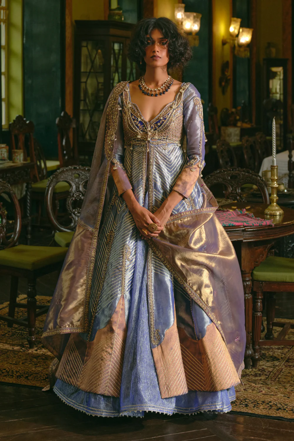 Blue silk zari tissue jacket with skirt and Dupatta - Image 4