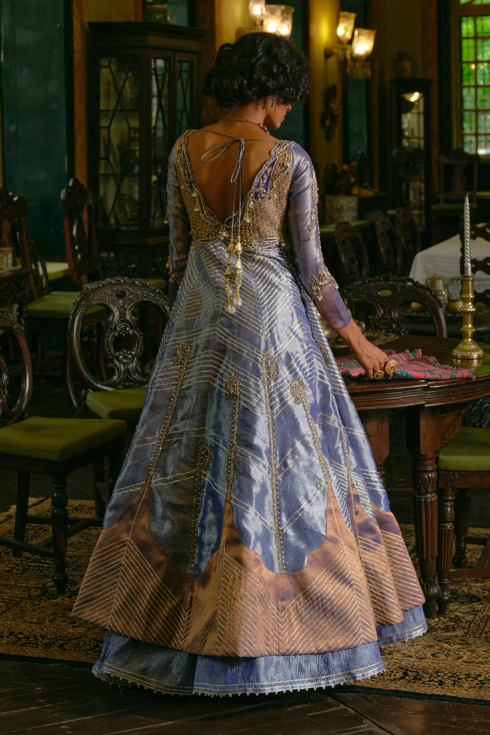 Blue silk zari tissue jacket with skirt and Dupatta - Image 5