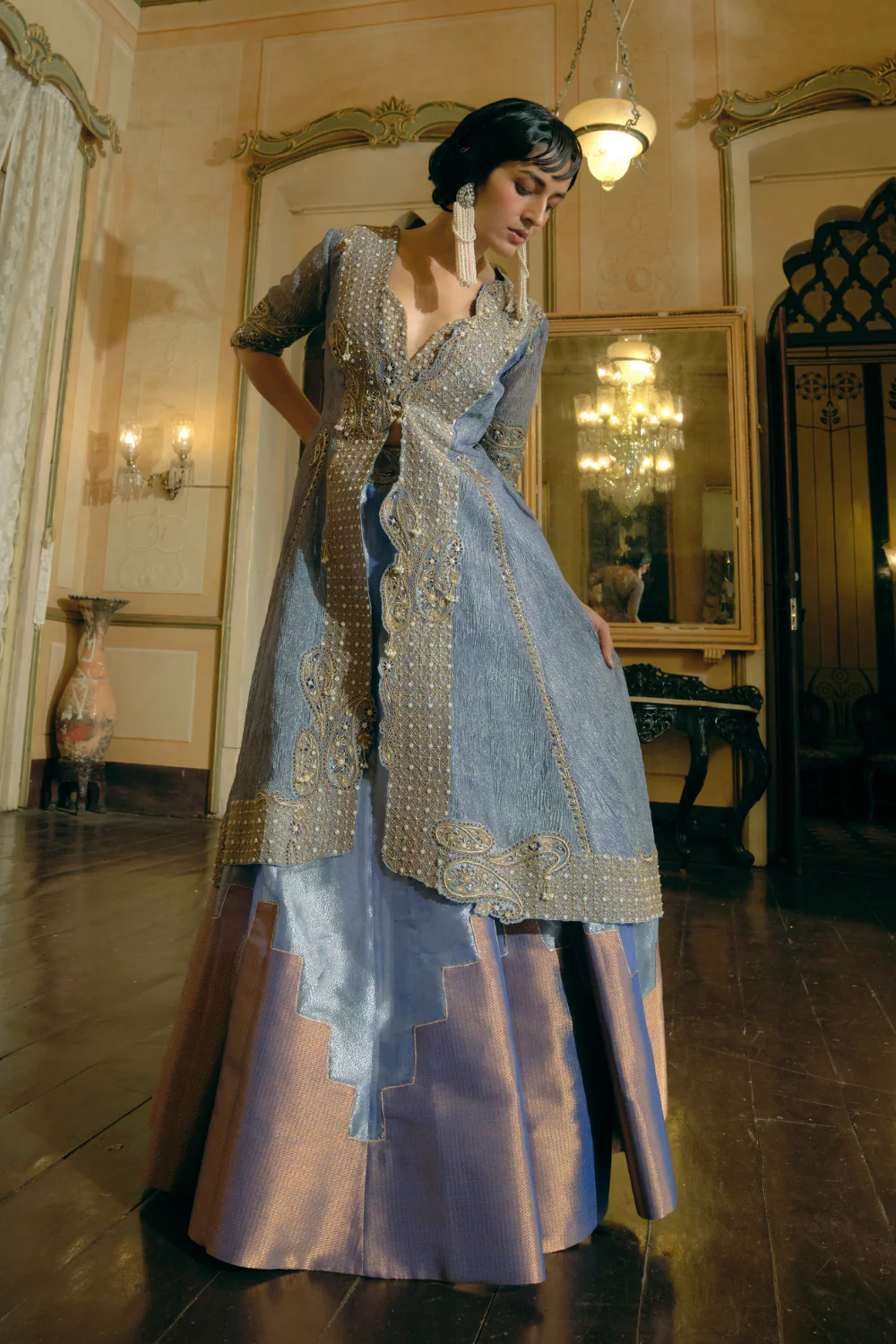 Blue silk zari tissue skirt with blouse and long jacket set - Image 3