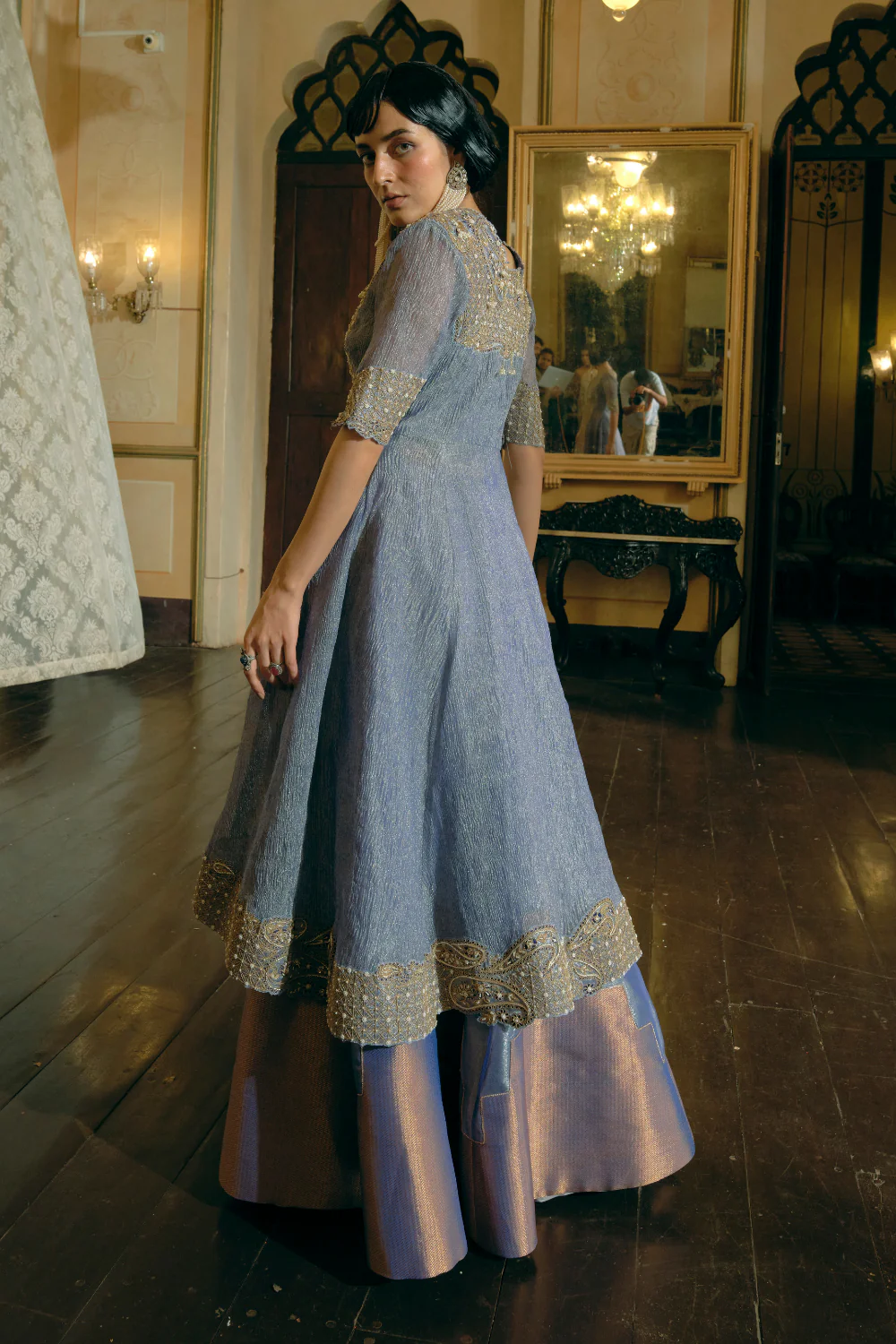 Blue silk zari tissue skirt with blouse and long jacket set - Image 4