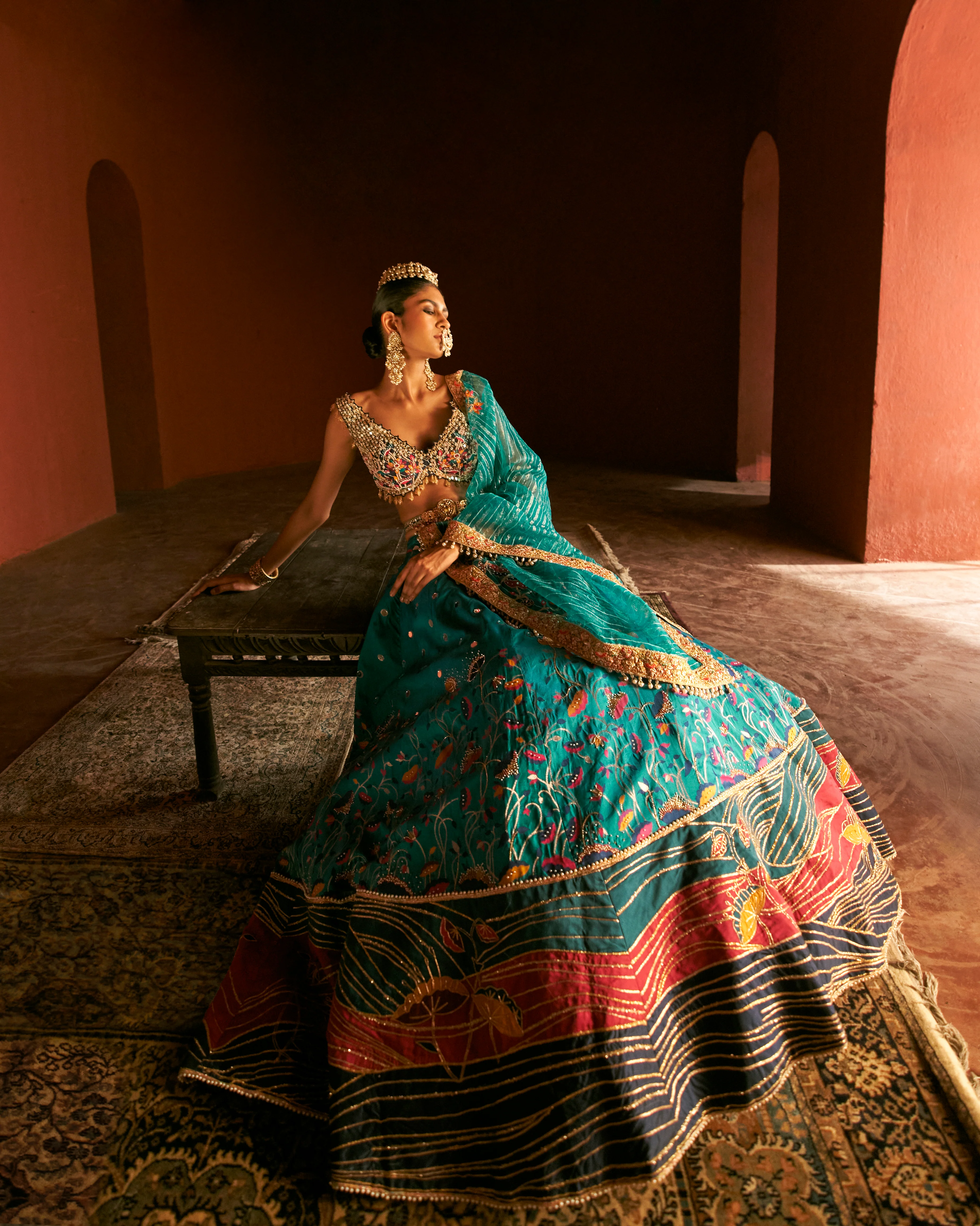 Teal Green Zari Woven Paithani Lehenga - Image 3