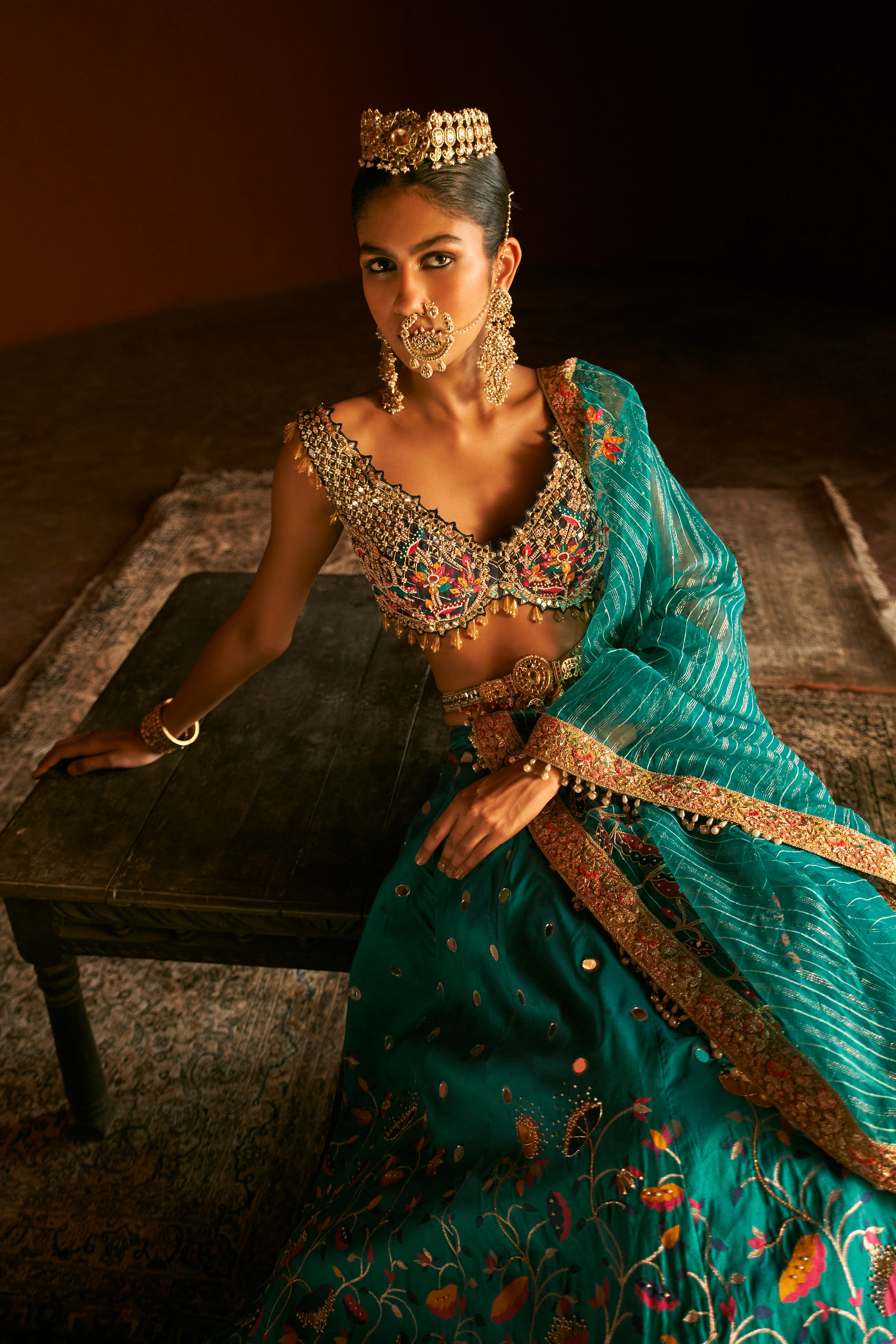 Teal Green Zari Woven Paithani Lehenga - Image 4