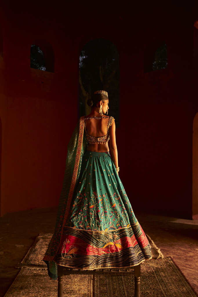 Teal Green Zari Woven Paithani Lehenga - Image 5
