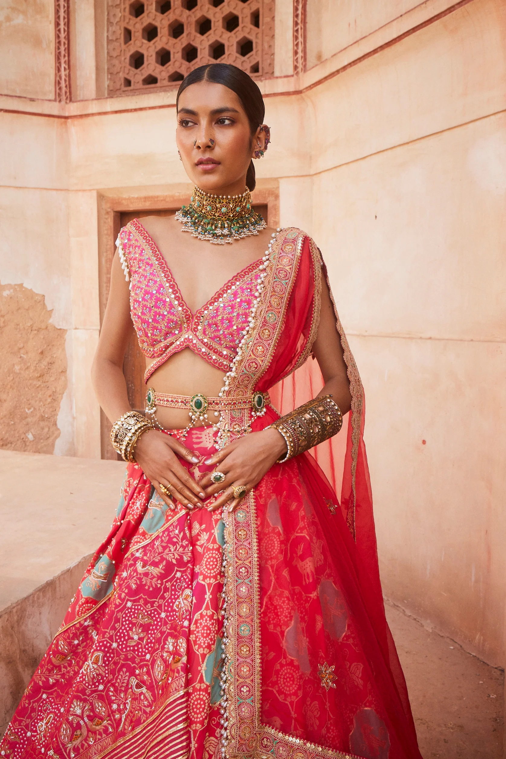 Coral Banarsi Woven Lehenga - Image 4