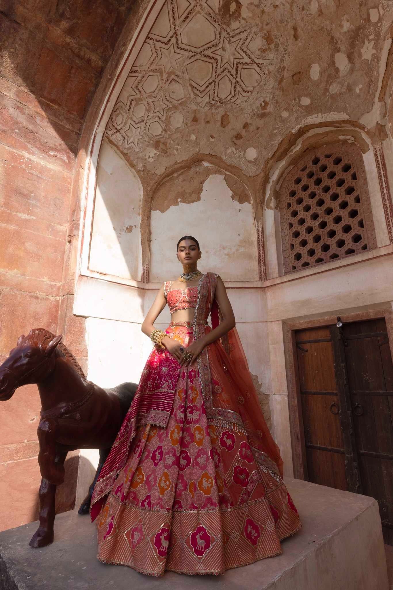 Coral Banarsi Woven Lehenga - Image 3