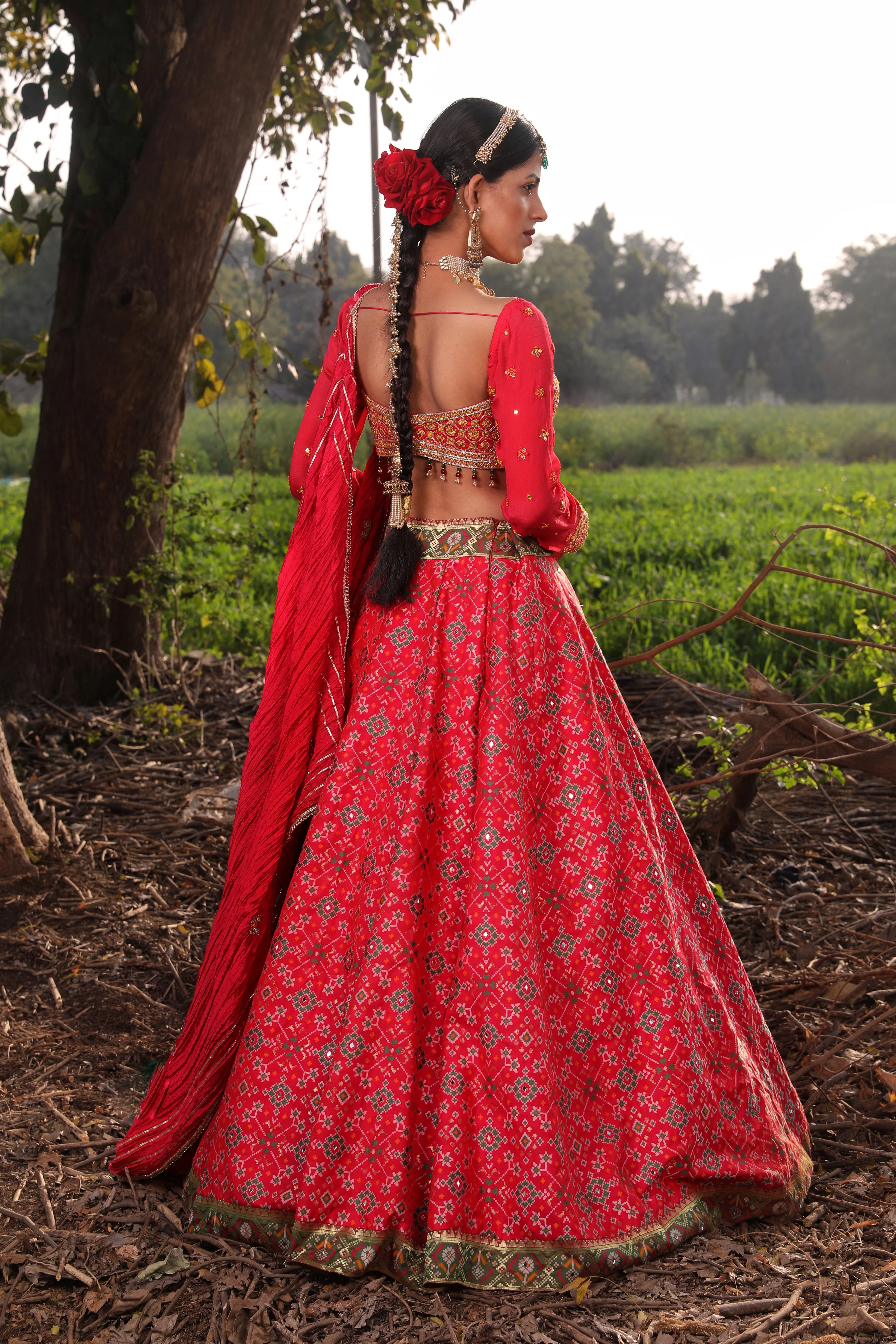 Coral Ikat Silk Lehenga - Image 4