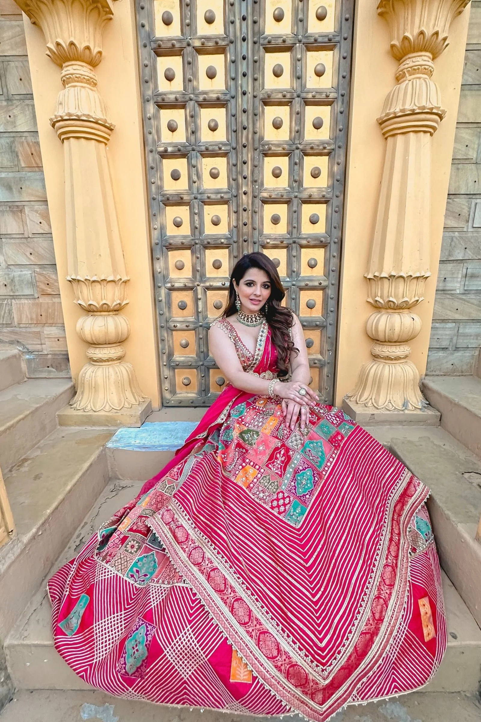 Natasha Luthra in Coral ABSTRACT JAMAWAR LEHENGA - Image 3