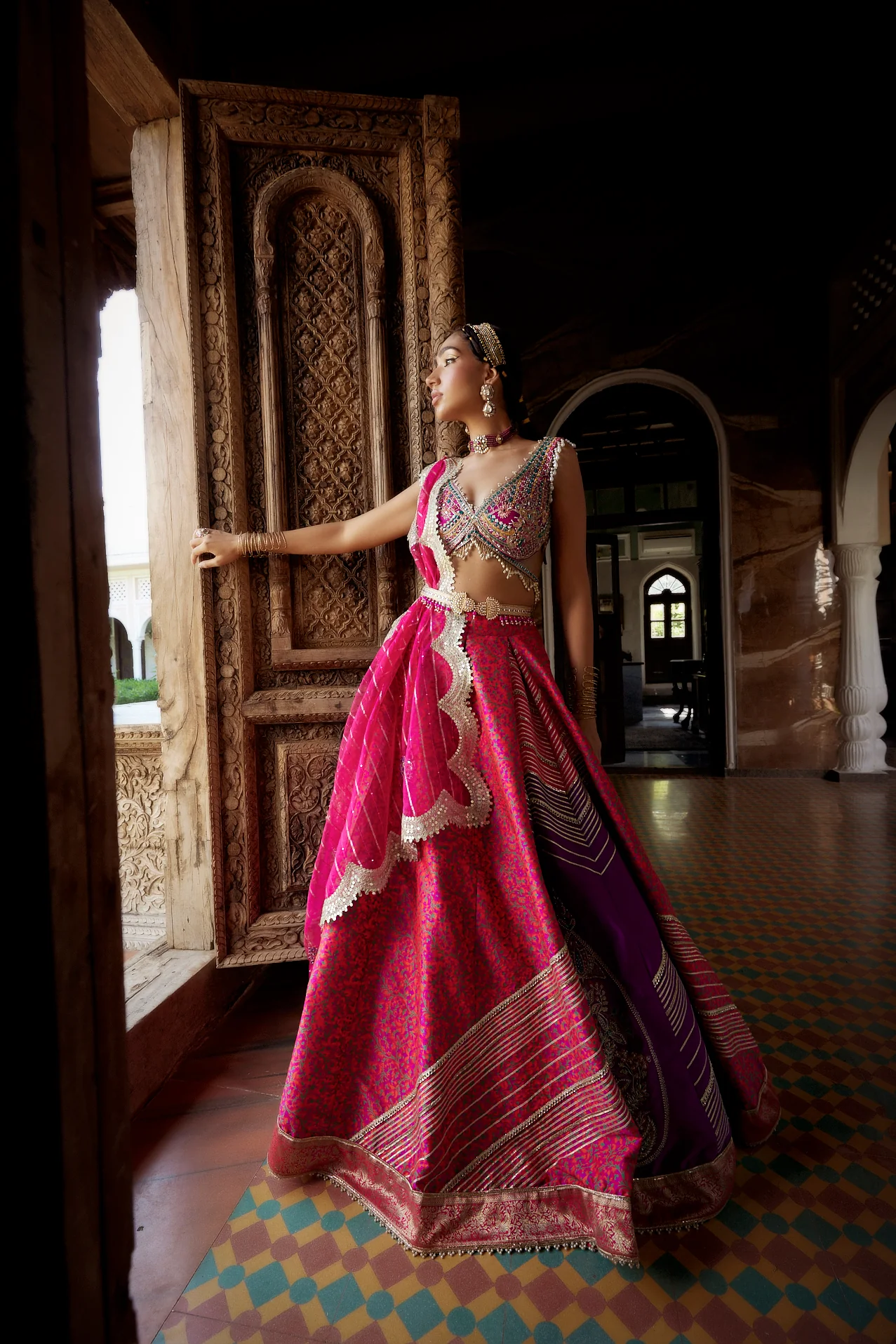 Coral Jamawar Lehenga - Image 4