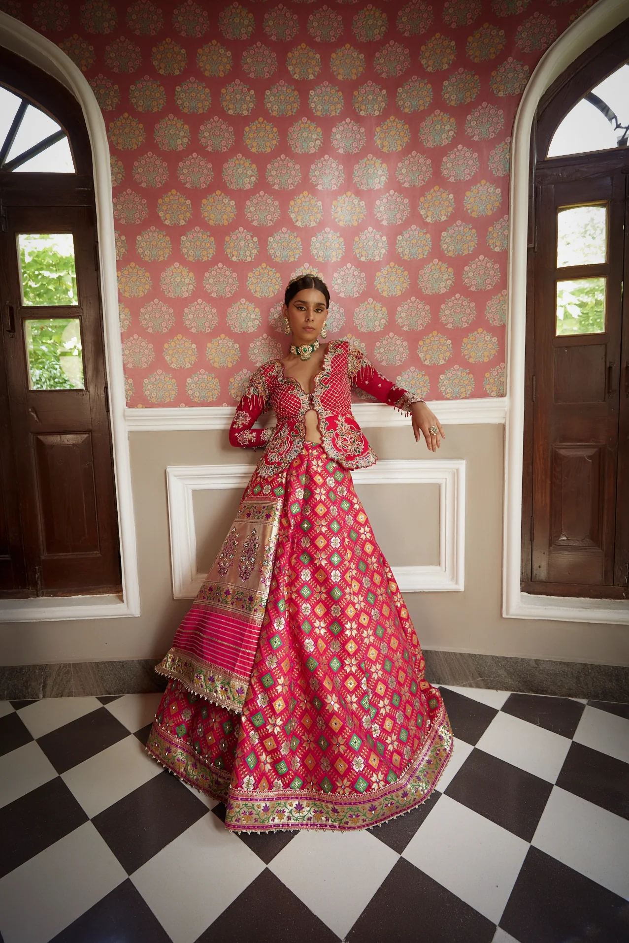 Coral Patola Woven Silk Jacket Lehenga - Image 3