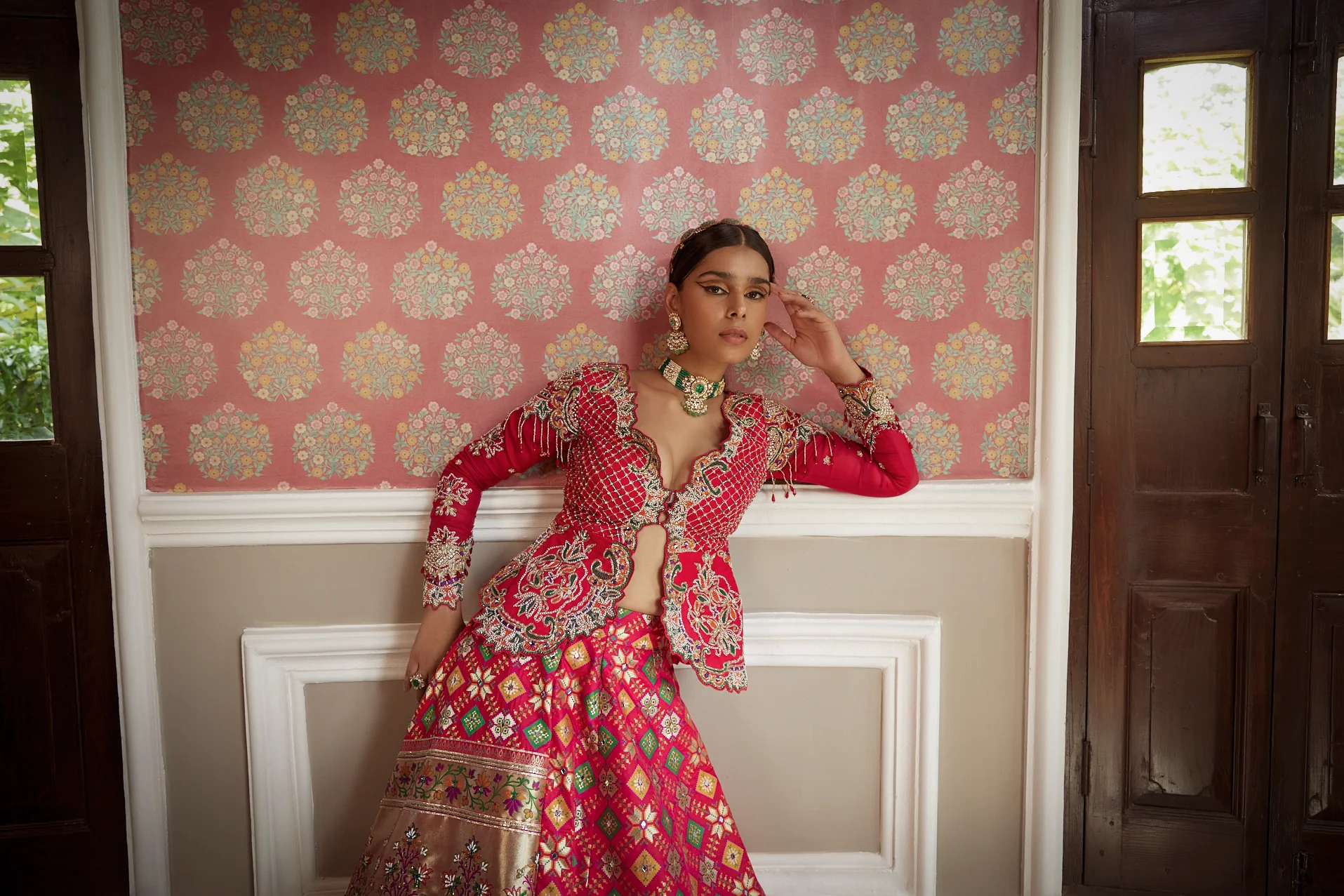 Coral Patola Woven Silk Jacket Lehenga - Image 4