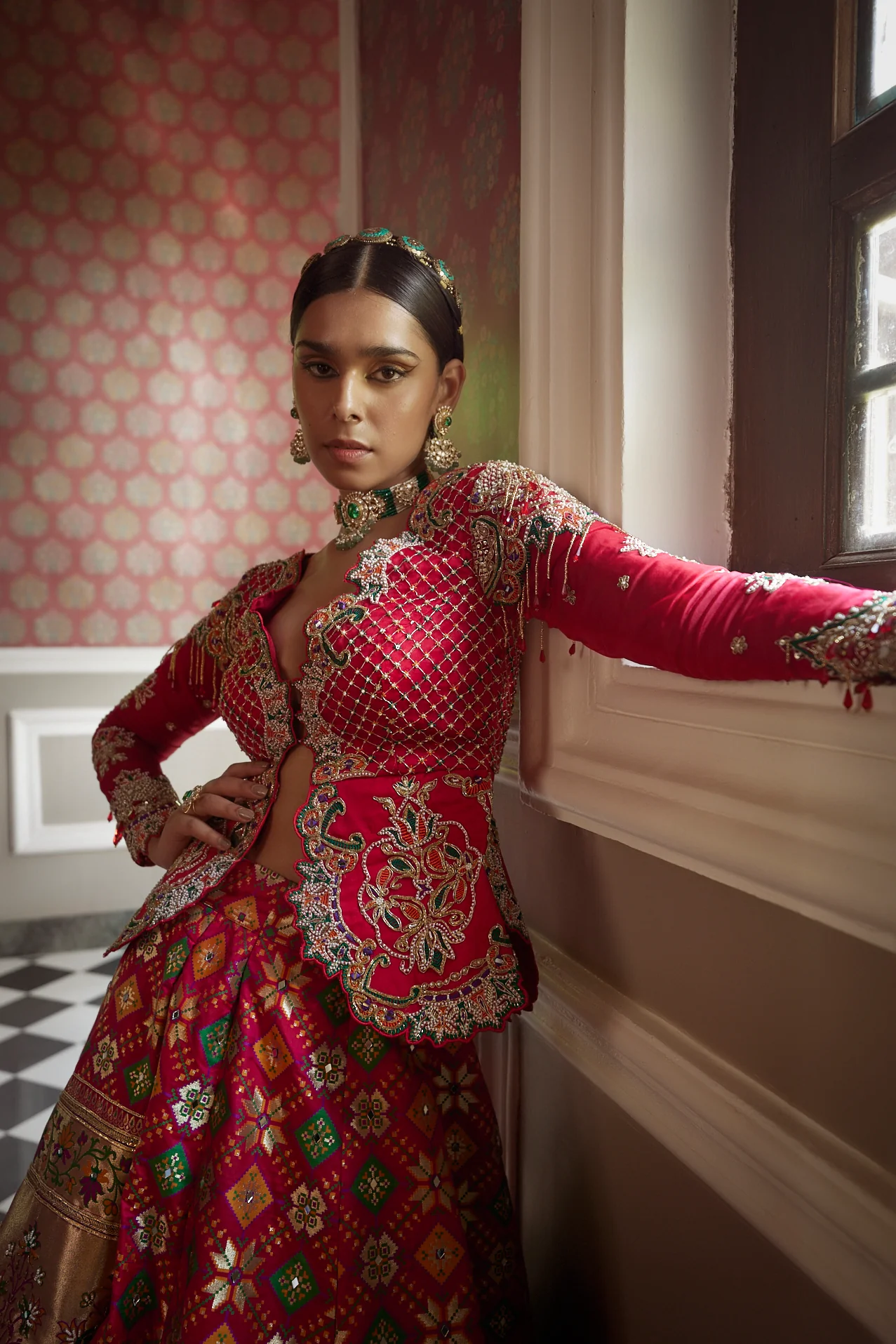 Coral Patola Woven Silk Jacket Lehenga - Image 5