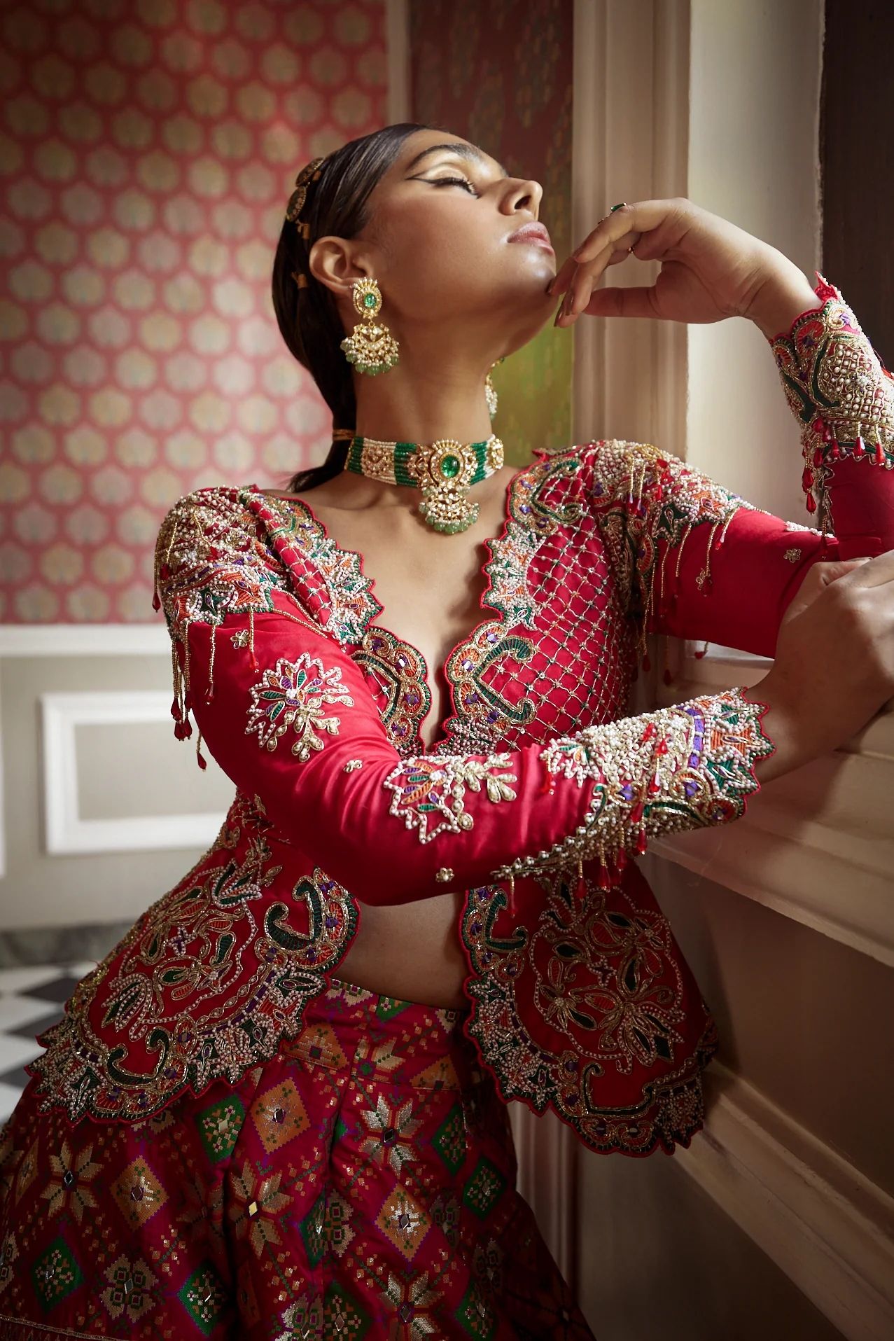 Coral Patola Woven Silk Jacket Lehenga - Image 6