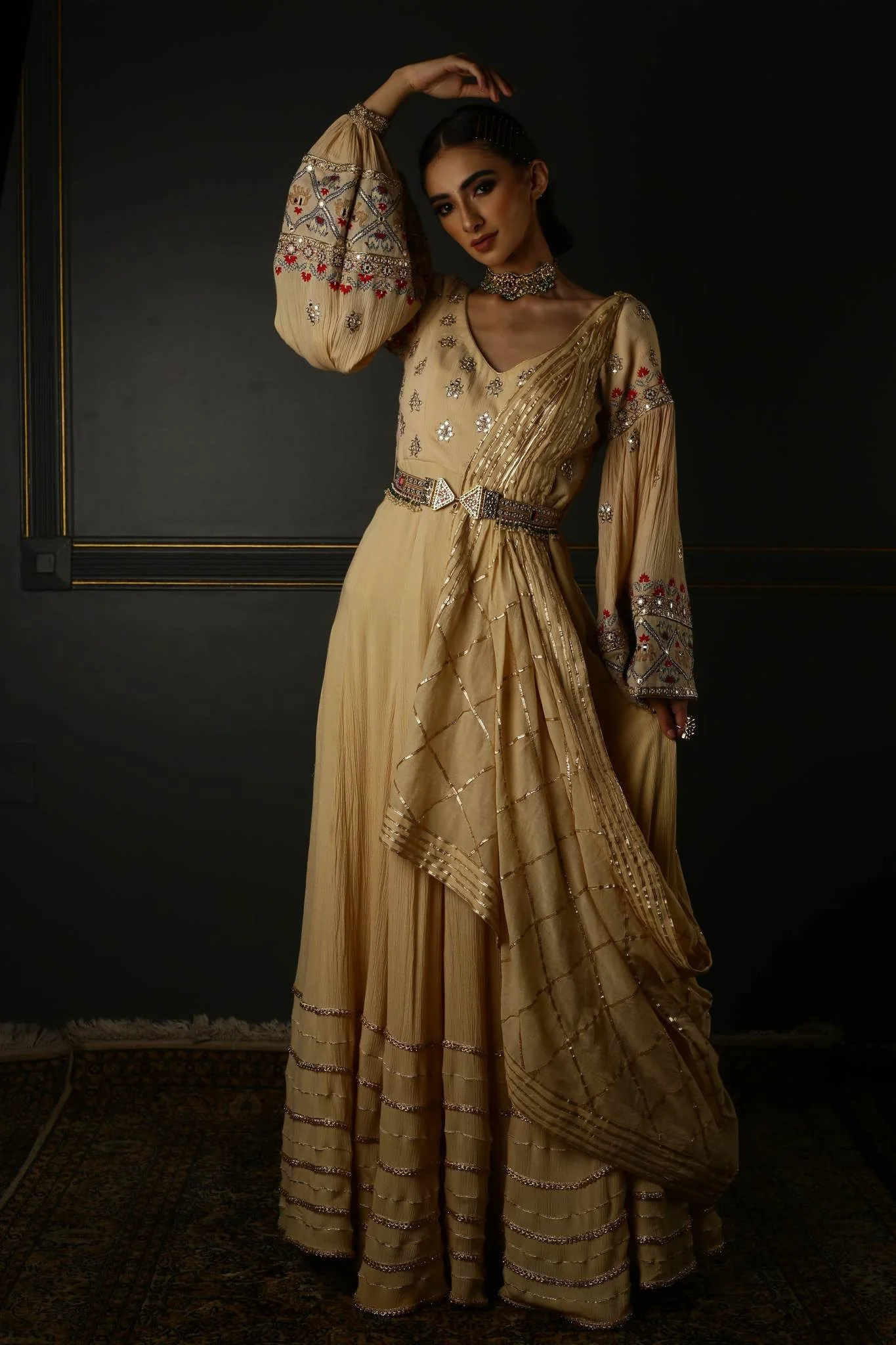 Cream Hand-Embroidered Georgette Anarkali - Image 3