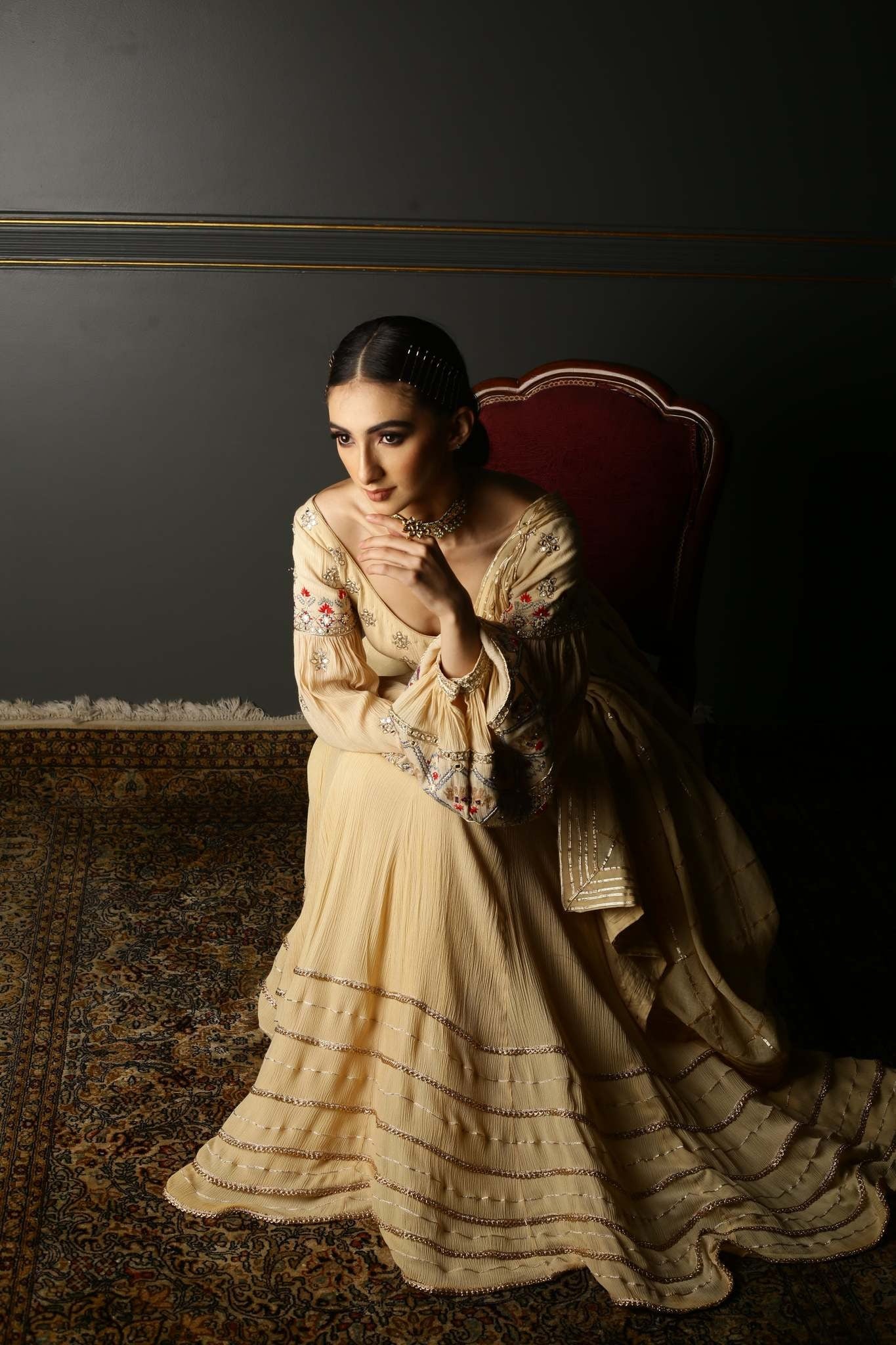 Cream Hand-Embroidered Georgette Anarkali - Image 5