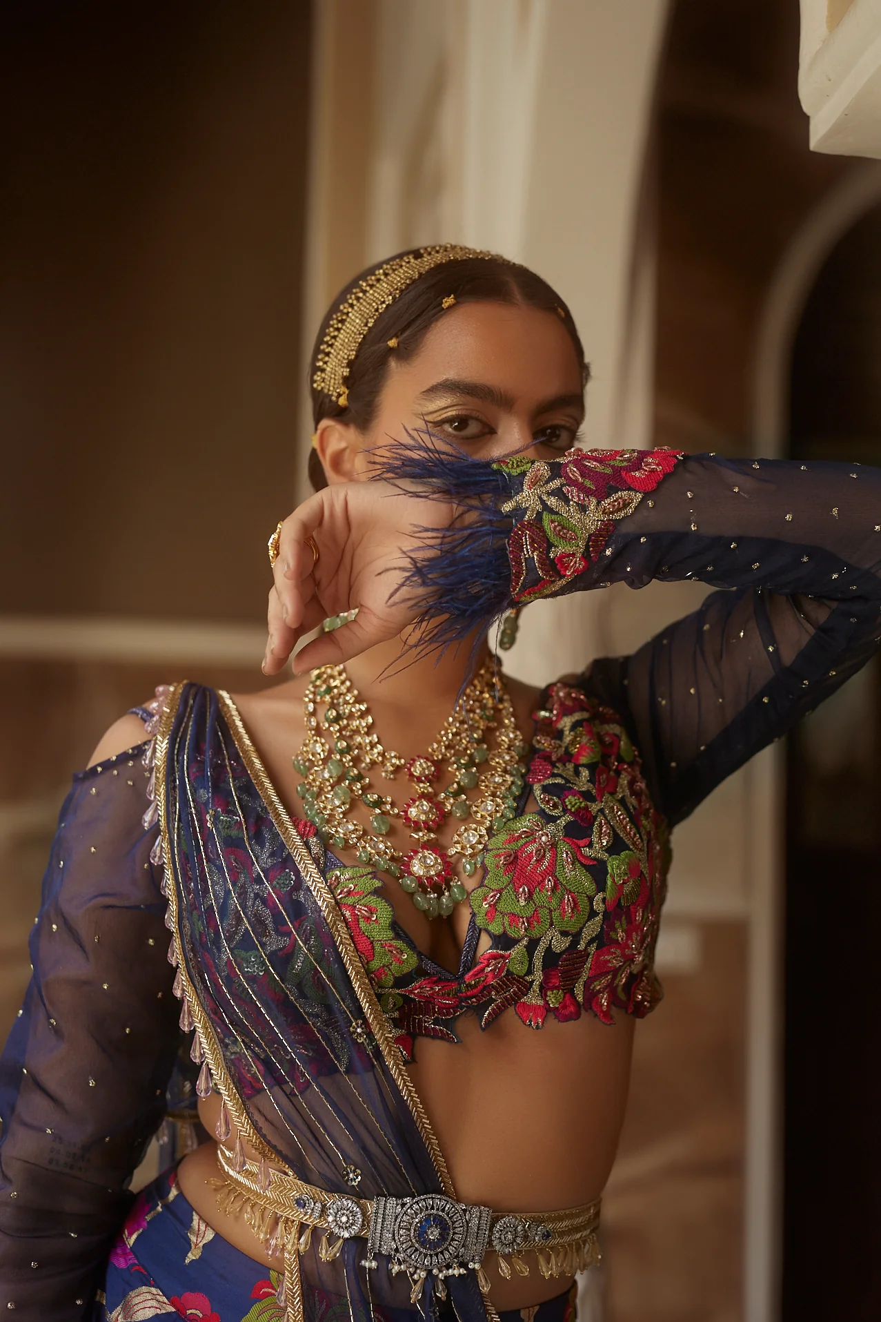 Dark Blue Floral Silk Lehenga - Image 10