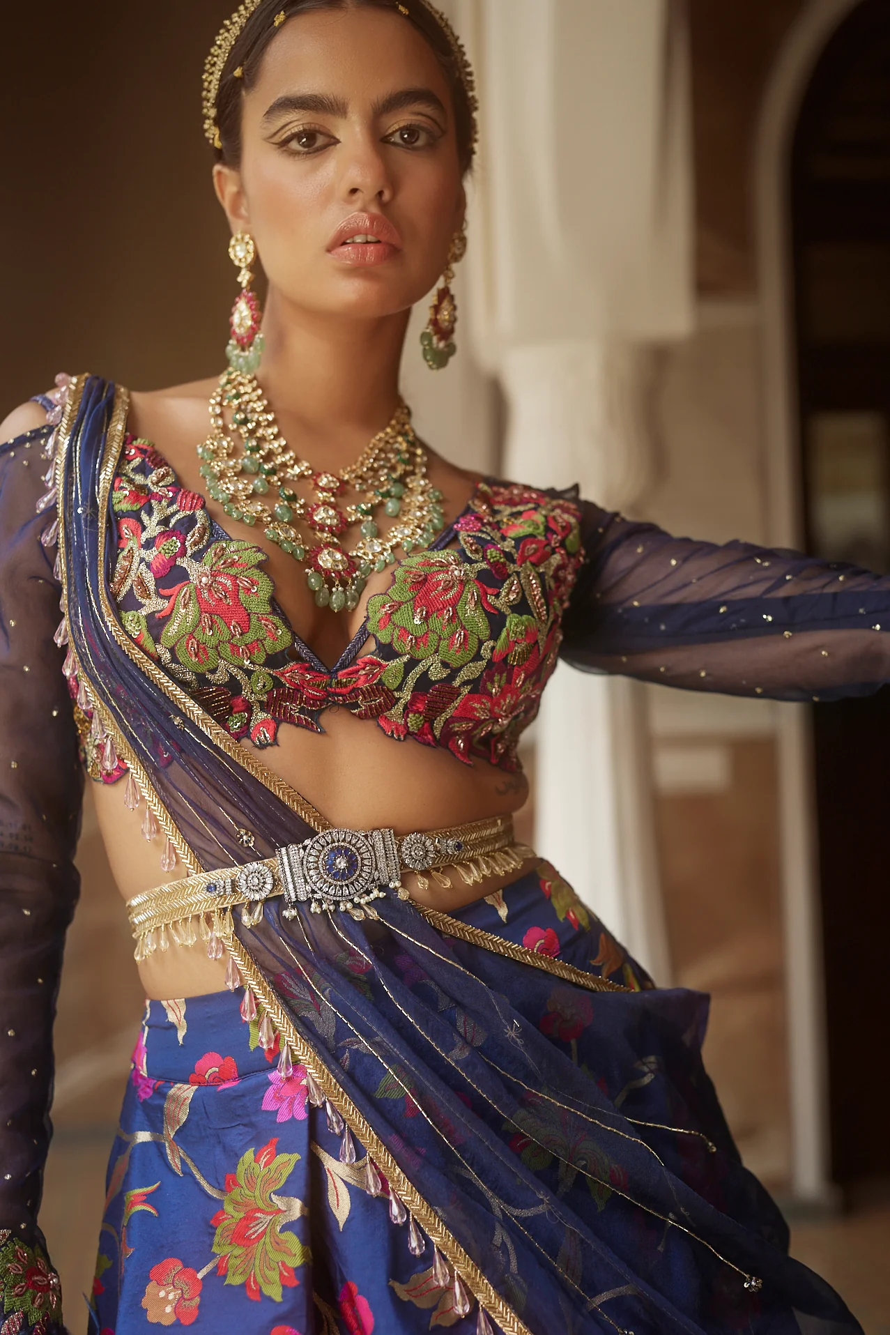 Dark Blue Floral Silk Lehenga - Image 11
