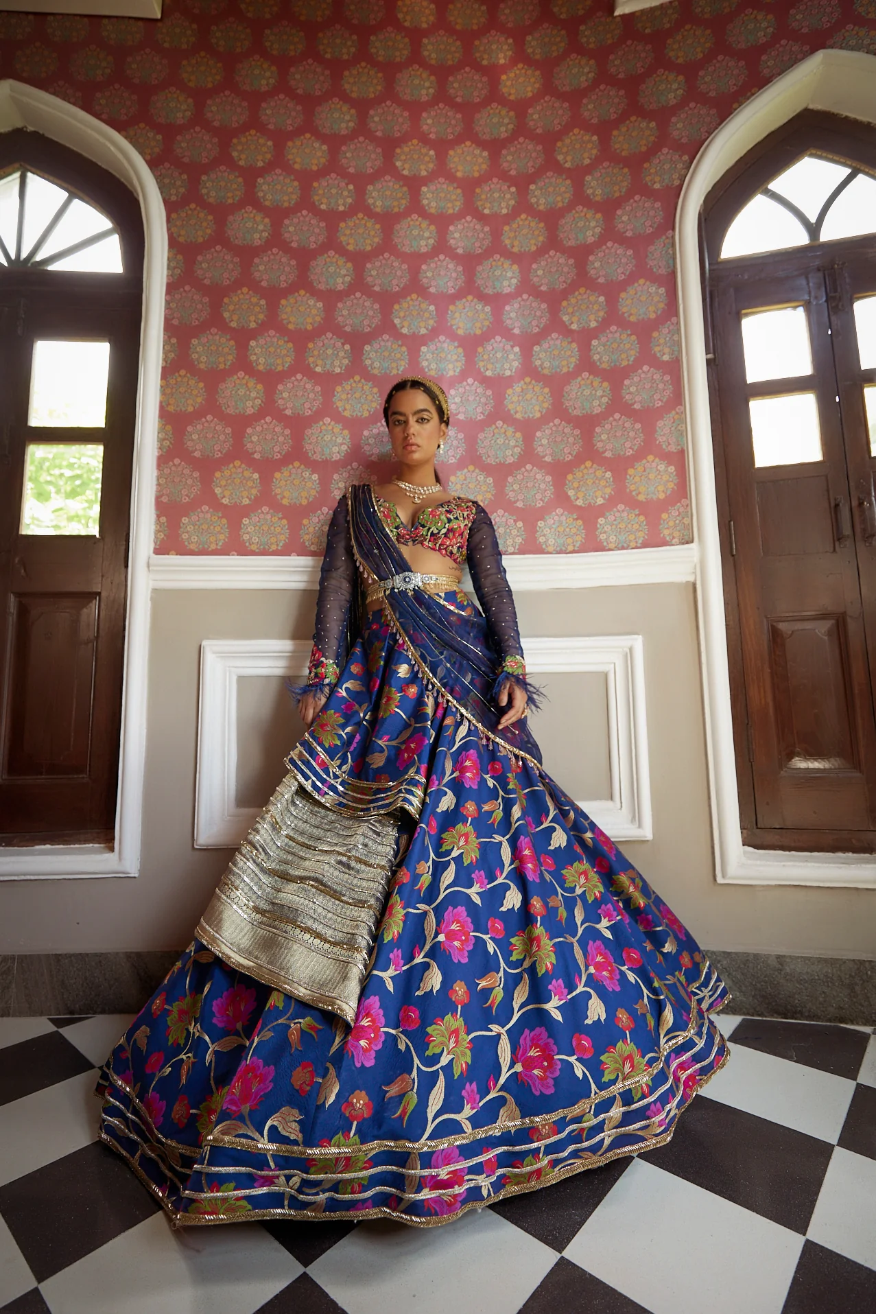 Dark Blue Floral Silk Lehenga - Image 3