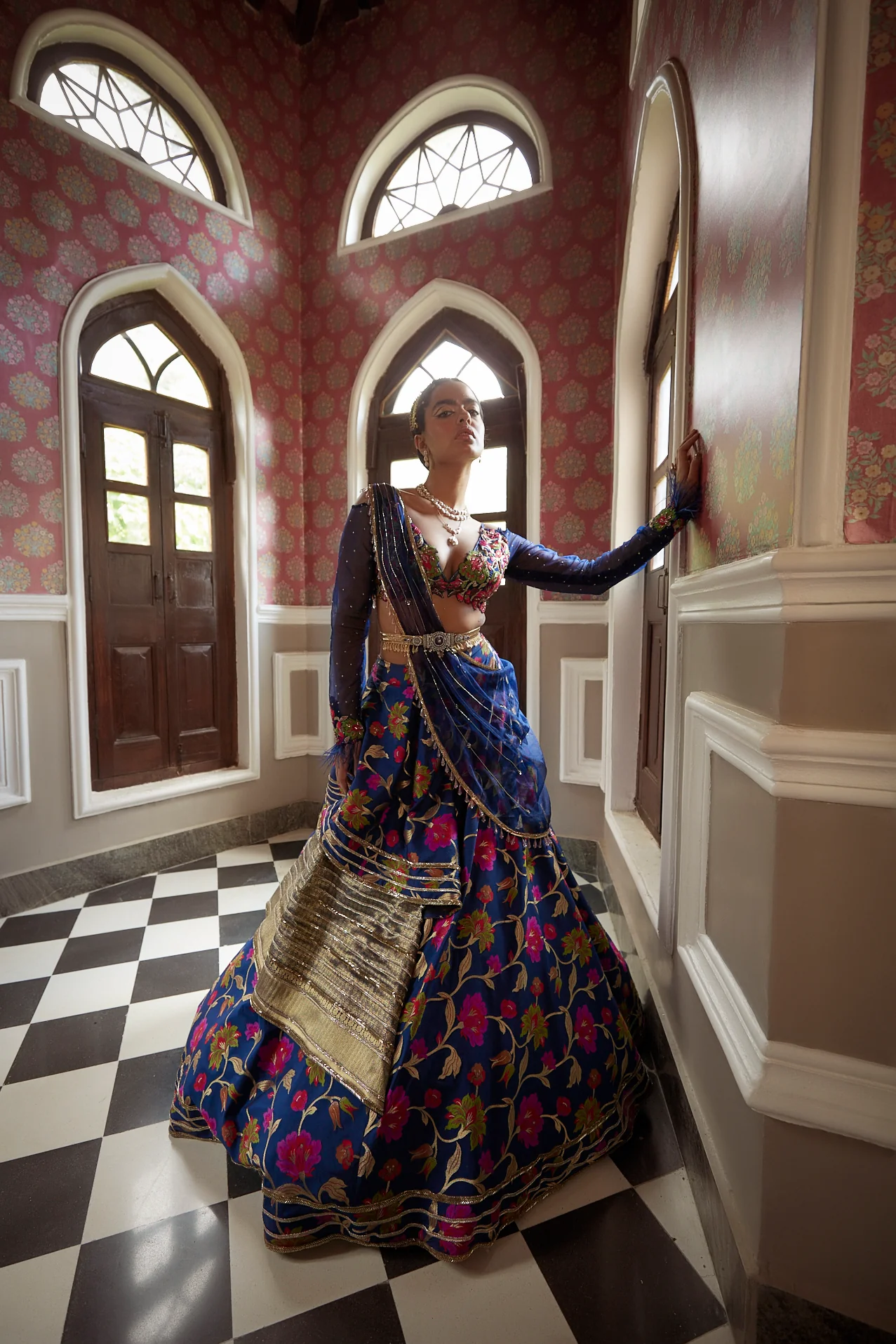 Dark Blue Floral Silk Lehenga - Image 4
