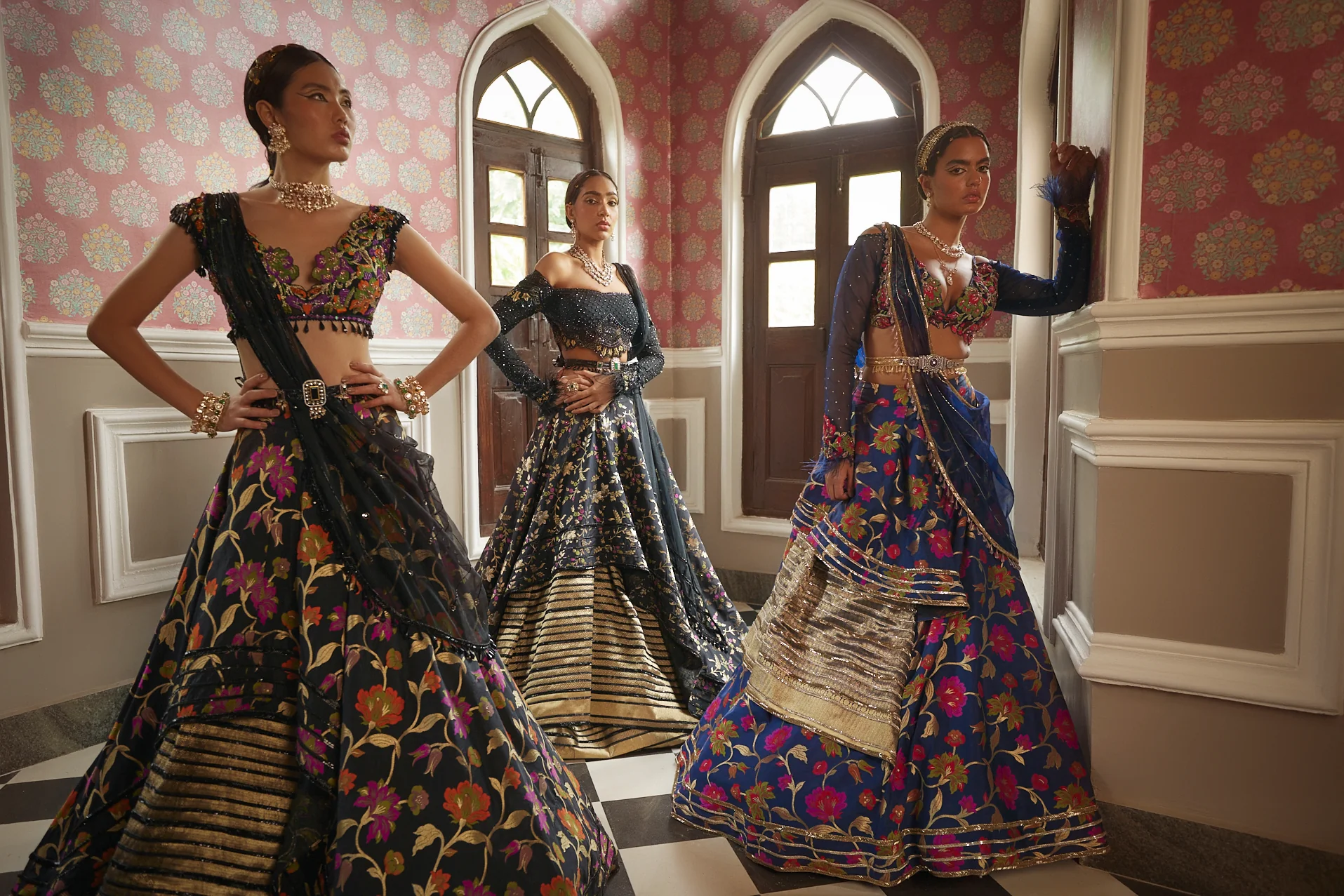 Dark Blue Floral Silk Lehenga - Image 5