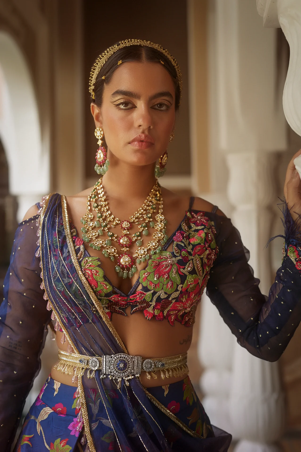 Dark Blue Floral Silk Lehenga - Image 6