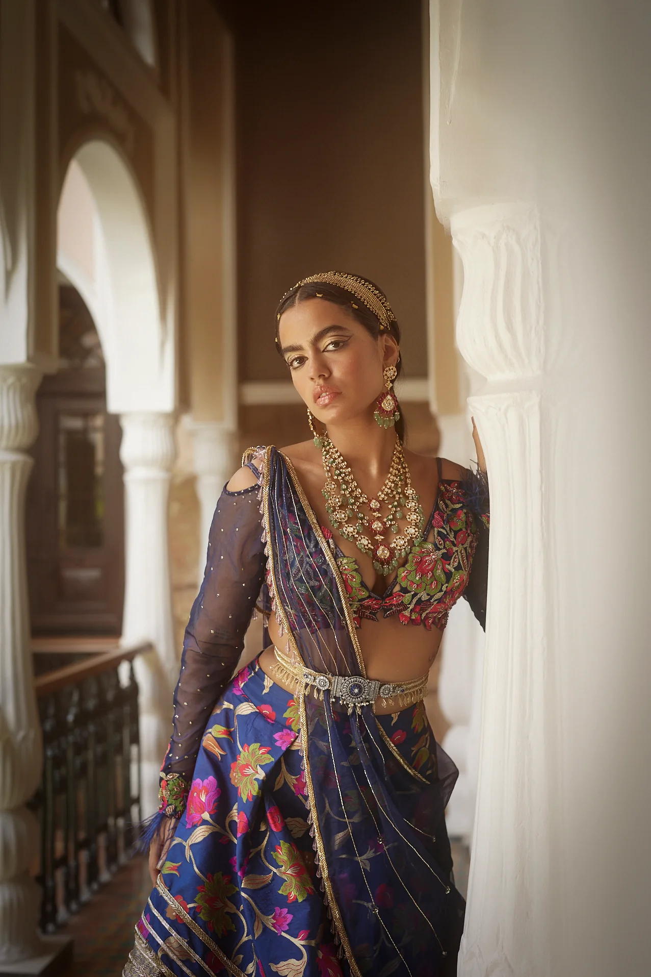 Dark Blue Floral Silk Lehenga - Image 7