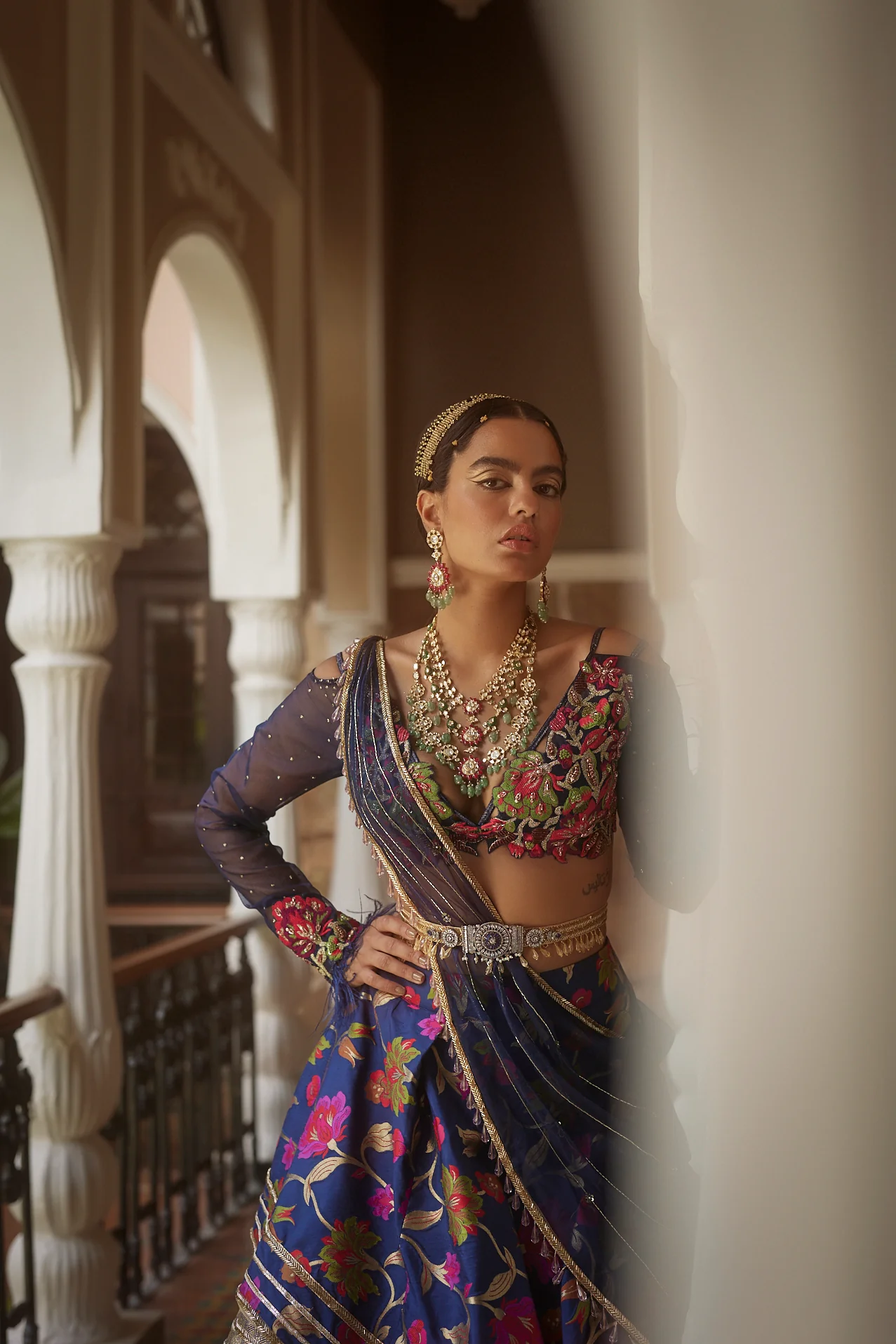 Dark Blue Floral Silk Lehenga - Image 8