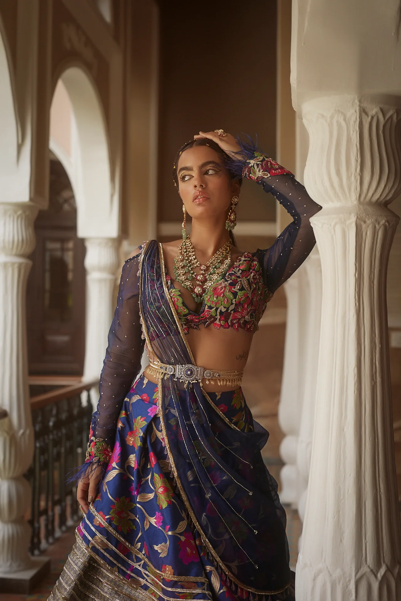 Dark Blue Floral Silk Lehenga - Image 9
