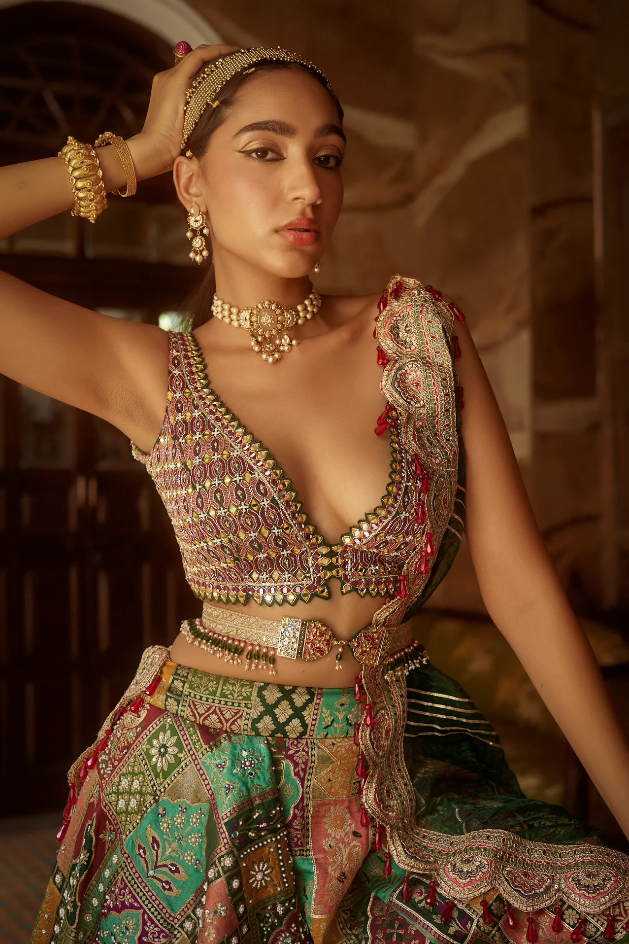 Deep Green Abstract Jamawar Lehenga - Image 3