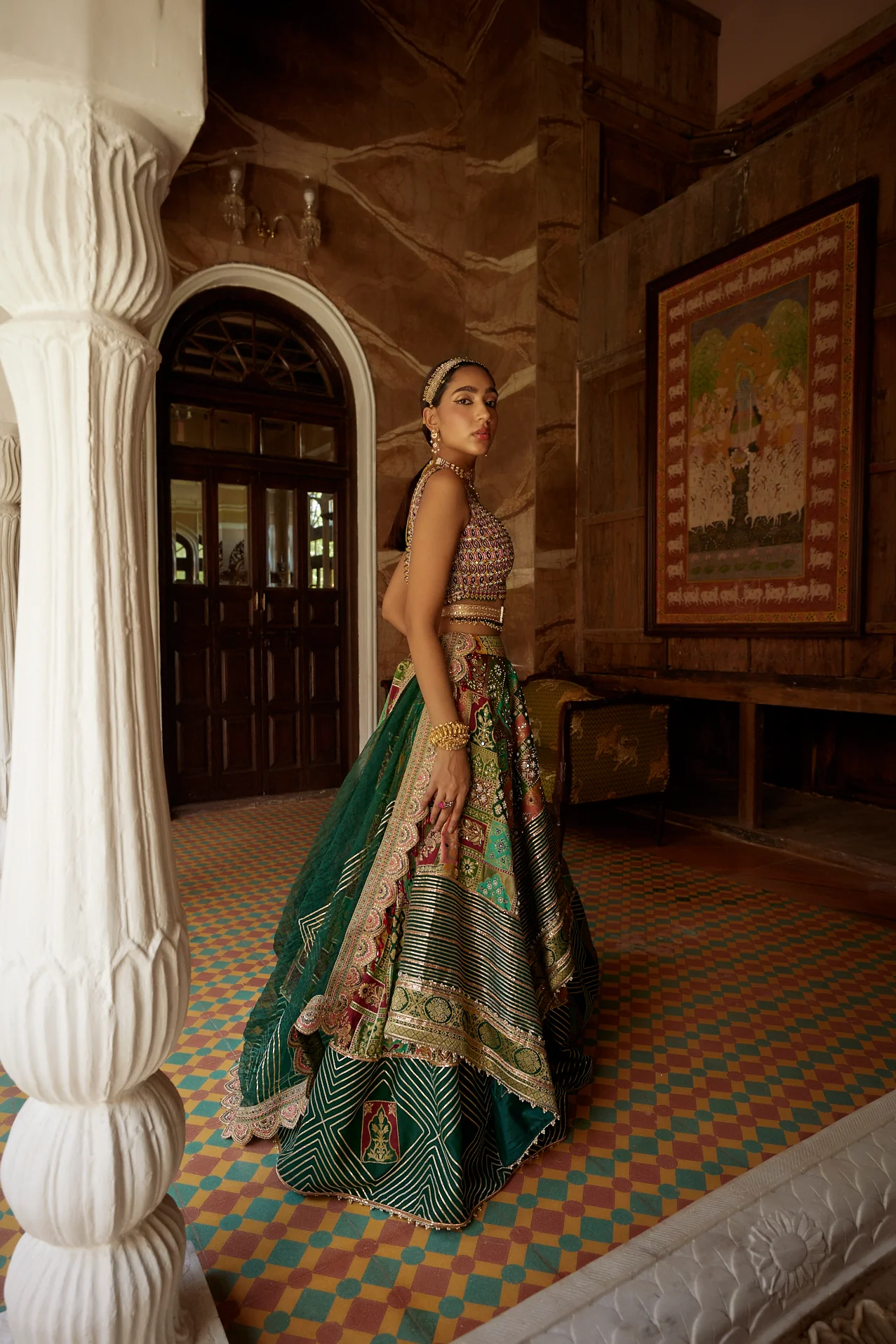 Deep Green Abstract Jamawar Lehenga - Image 4