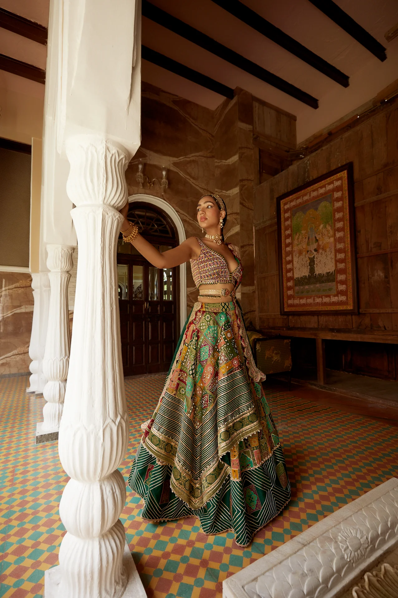Deep Green Abstract Jamawar Lehenga - Image 5