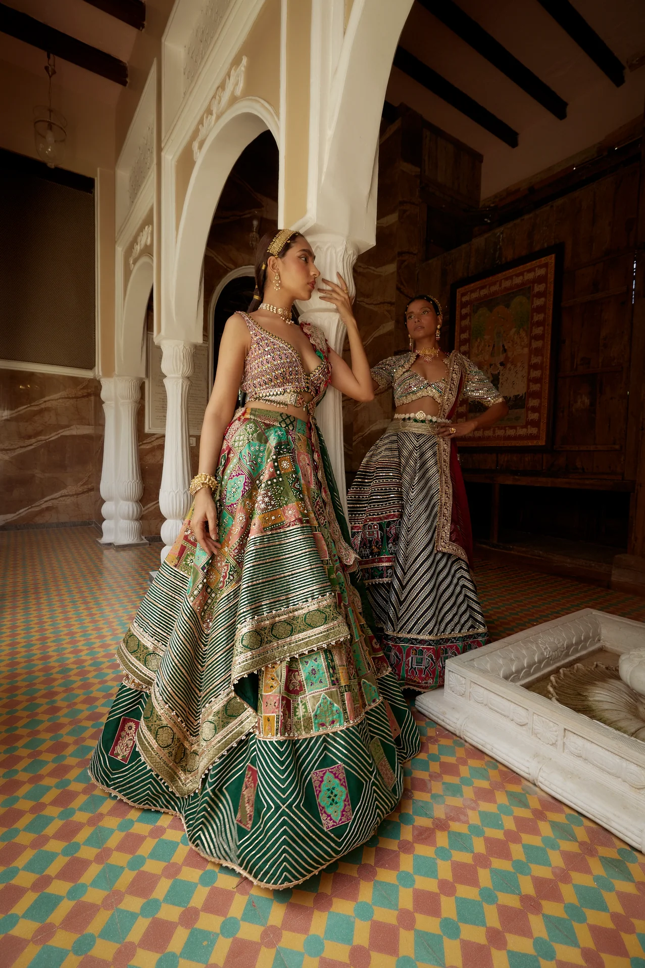 Deep Green Abstract Jamawar Lehenga - Image 6
