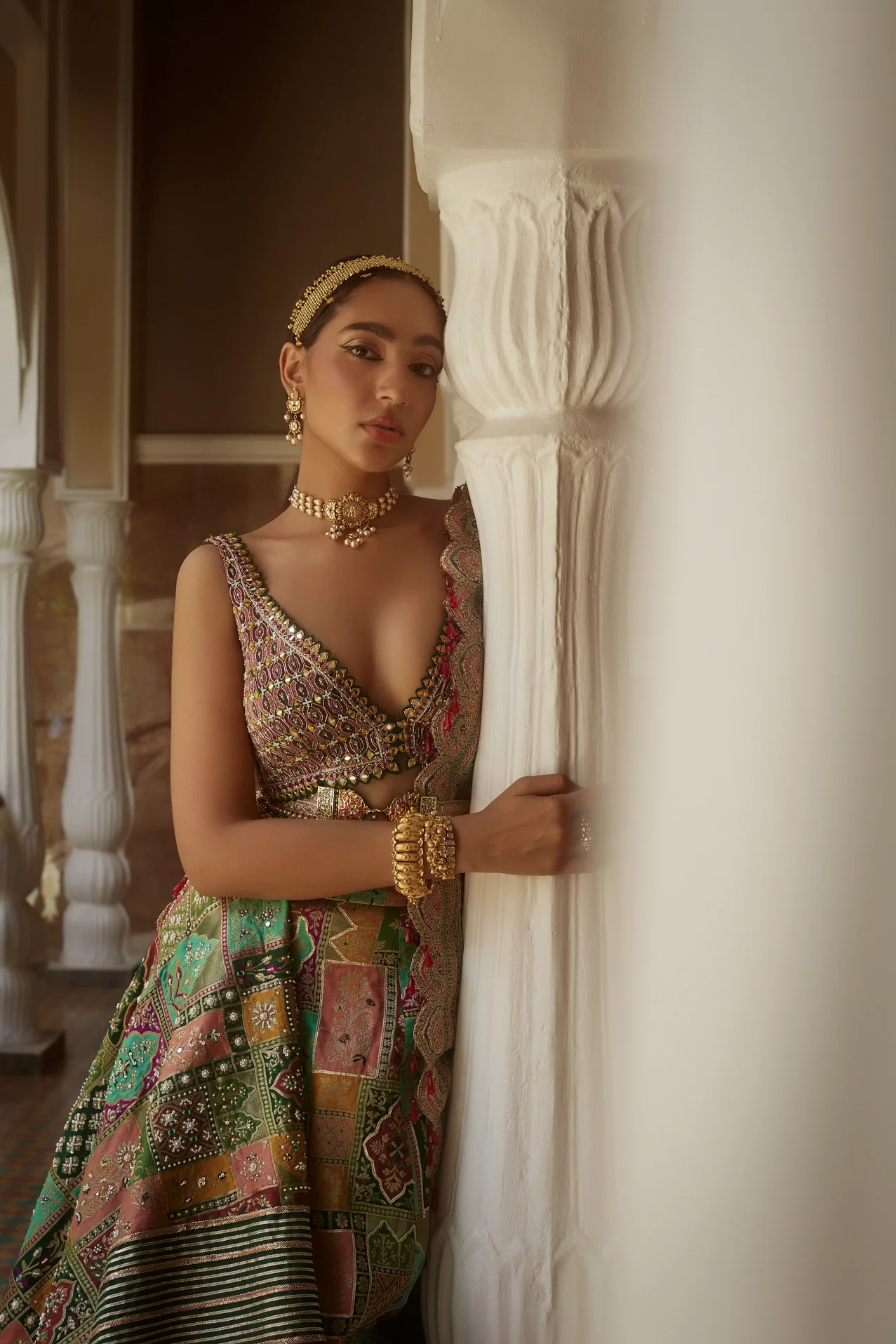 Deep Green Abstract Jamawar Lehenga - Image 7