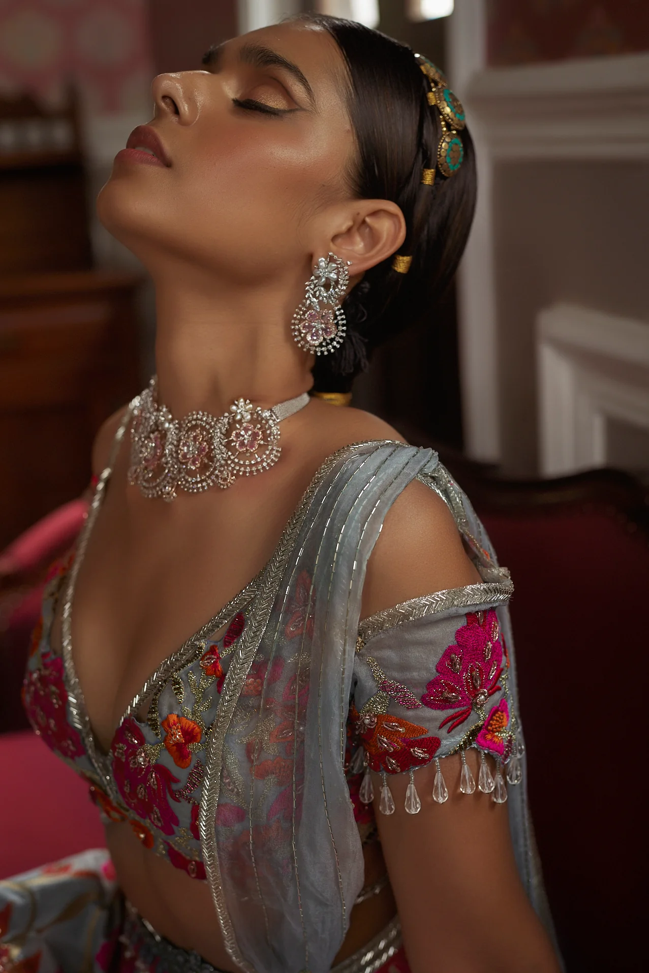 Grey Floral Silk Lehenga - Image 3