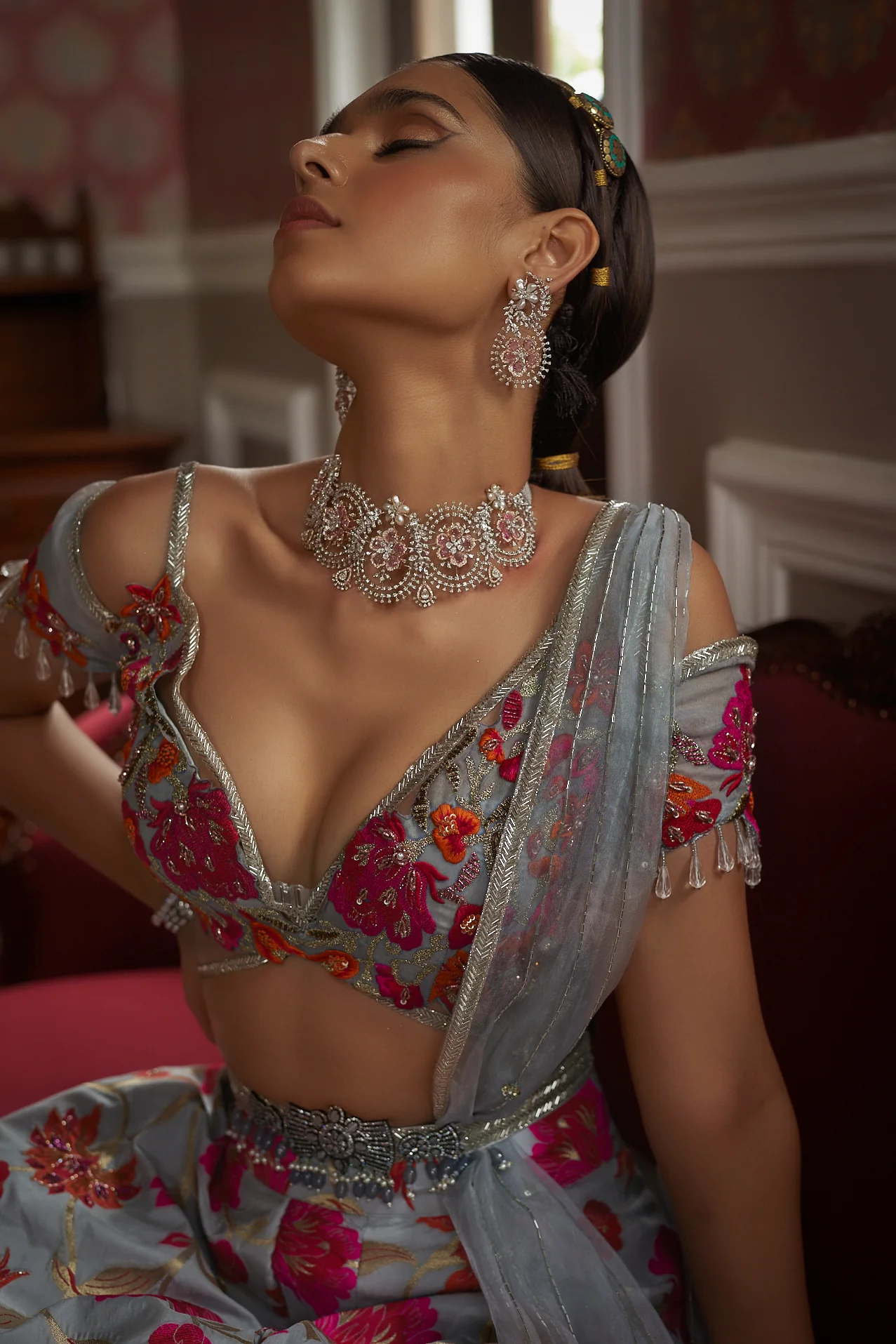 Grey Floral Silk Lehenga - Image 4